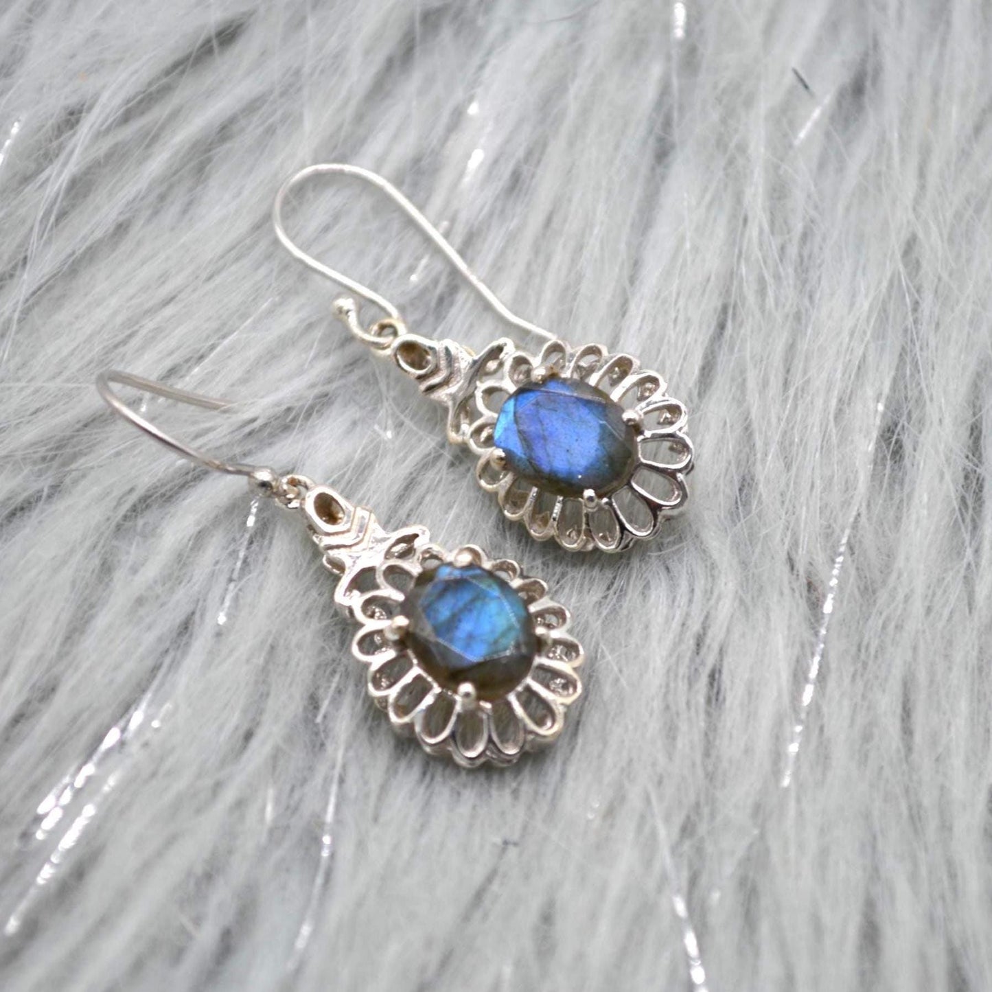 Labradorite Earrings Silver: Dangle Drop, Oval, Blue Gemstone Jewelry