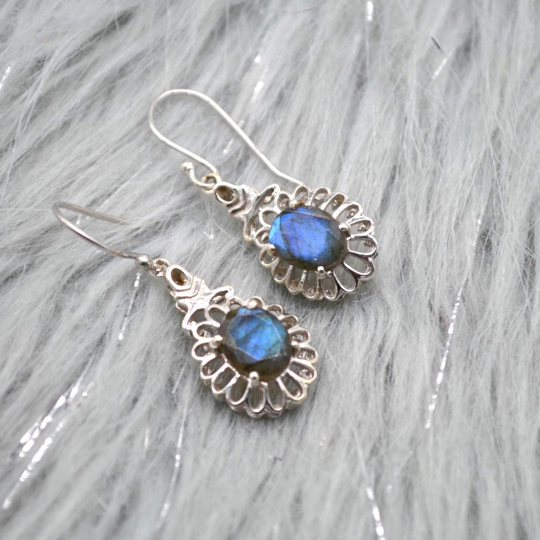 Labradorite Earrings Silver: Dangle Drop, Oval, Blue Gemstone Jewelry