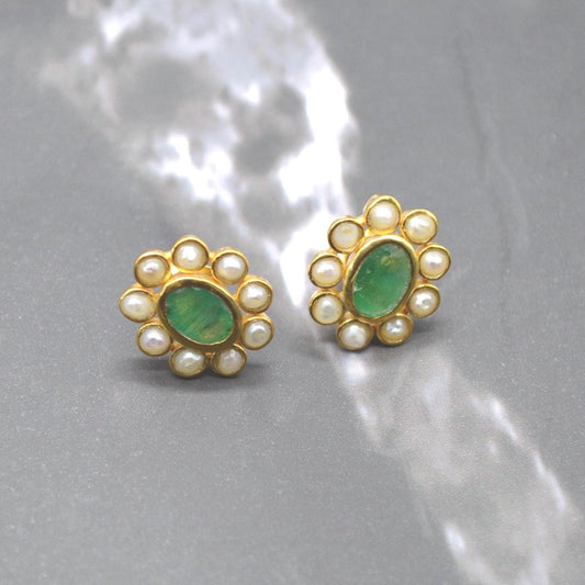 Pearl, Emerald Stud Earrings: Gold Plated Sterling Silver, Floral, May June Birthstone