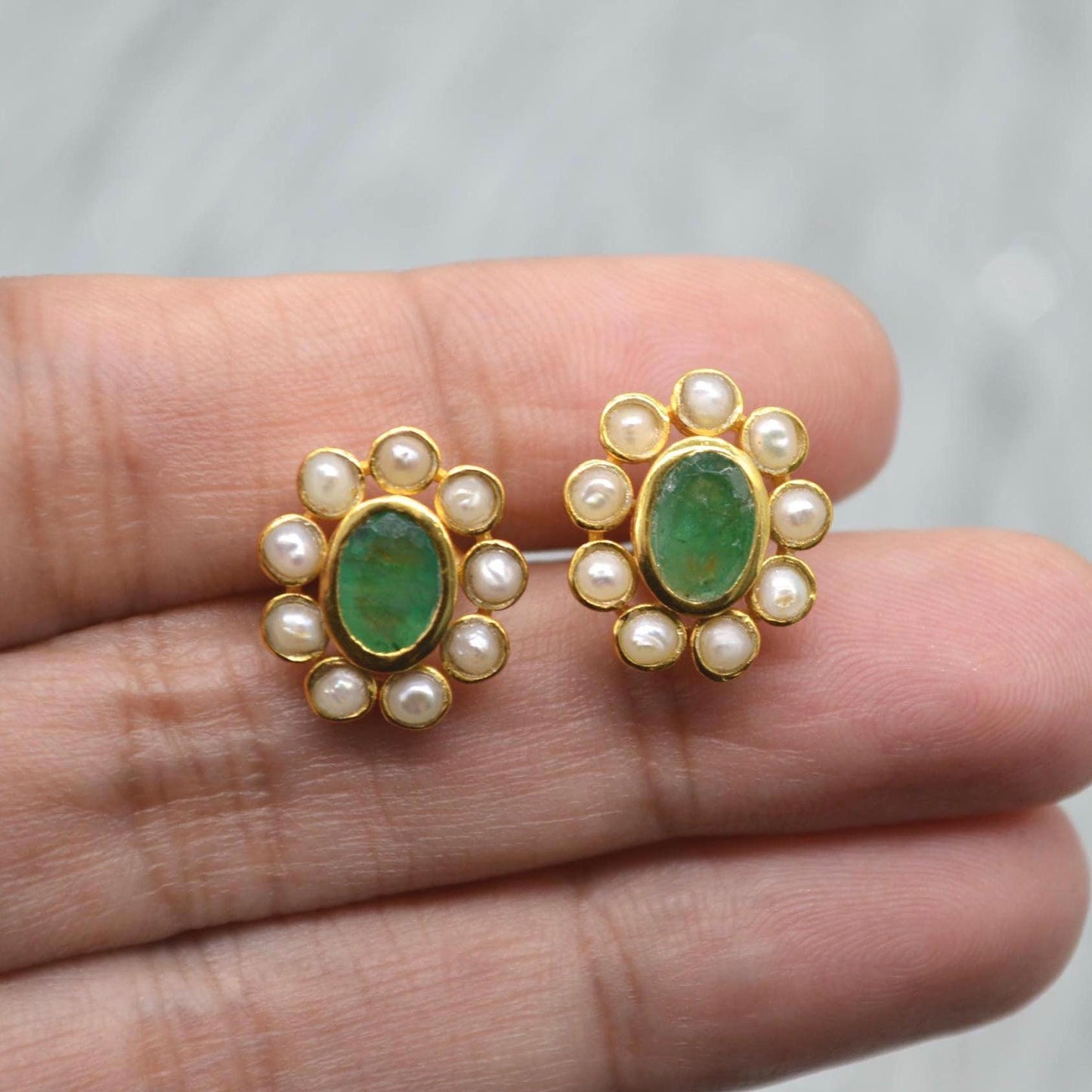 Pearl, Emerald Stud Earrings: Gold Plated Sterling Silver, Floral, May June Birthstone