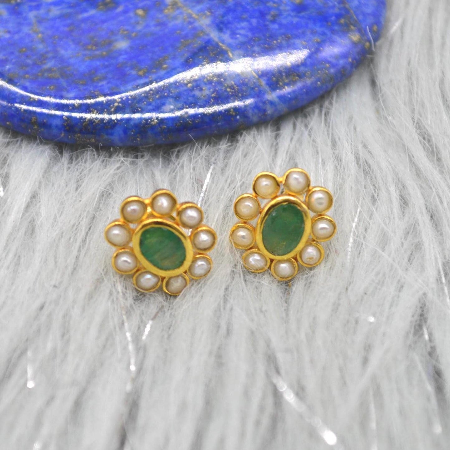 Pearl, Emerald Stud Earrings: Gold Plated Sterling Silver, Floral, May June Birthstone