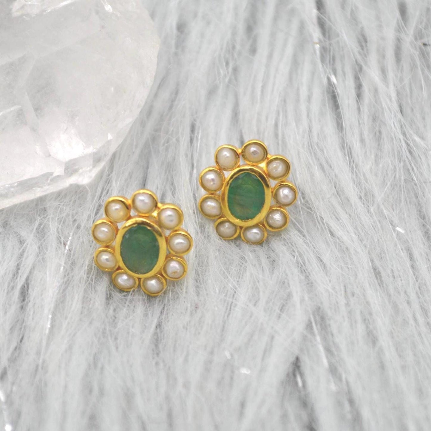 Pearl, Emerald Stud Earrings: Gold Plated Sterling Silver, Floral, May June Birthstone