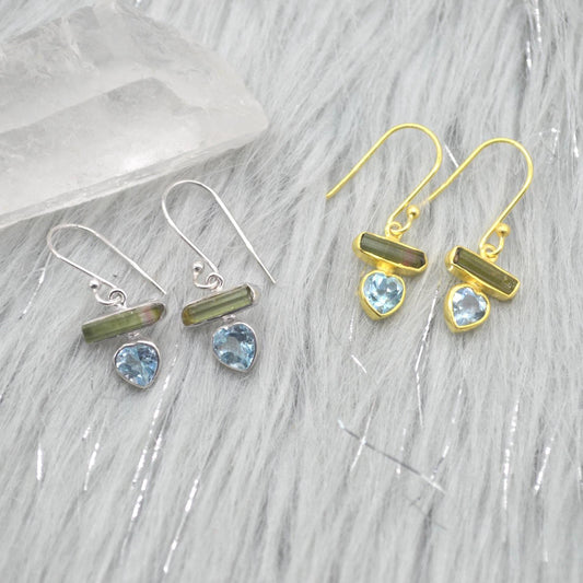 Green Tourmaline, Blue Topaz Earrings: Silver or Gold, Dangle Drop, October December Birthstone