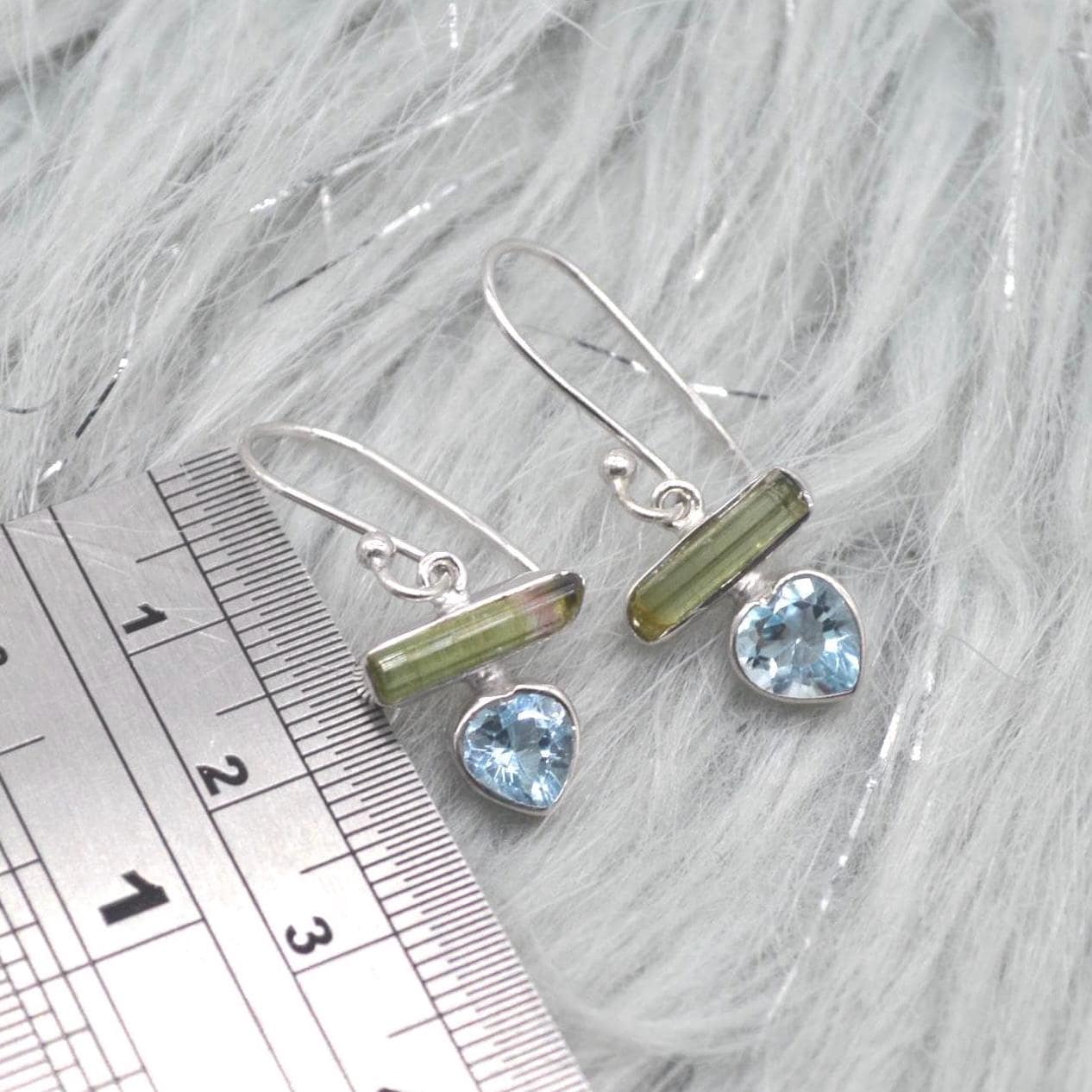 Green Tourmaline, Blue Topaz Earrings: Silver or Gold, Dangle Drop, October December Birthstone