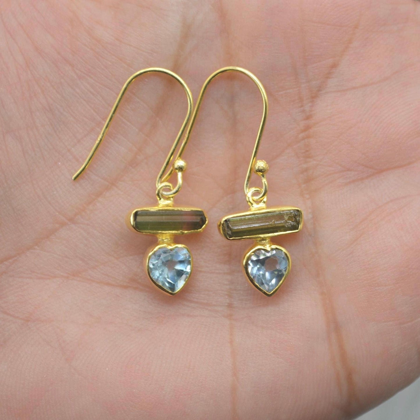Green Tourmaline, Blue Topaz Earrings: Silver or Gold, Dangle Drop, October December Birthstone