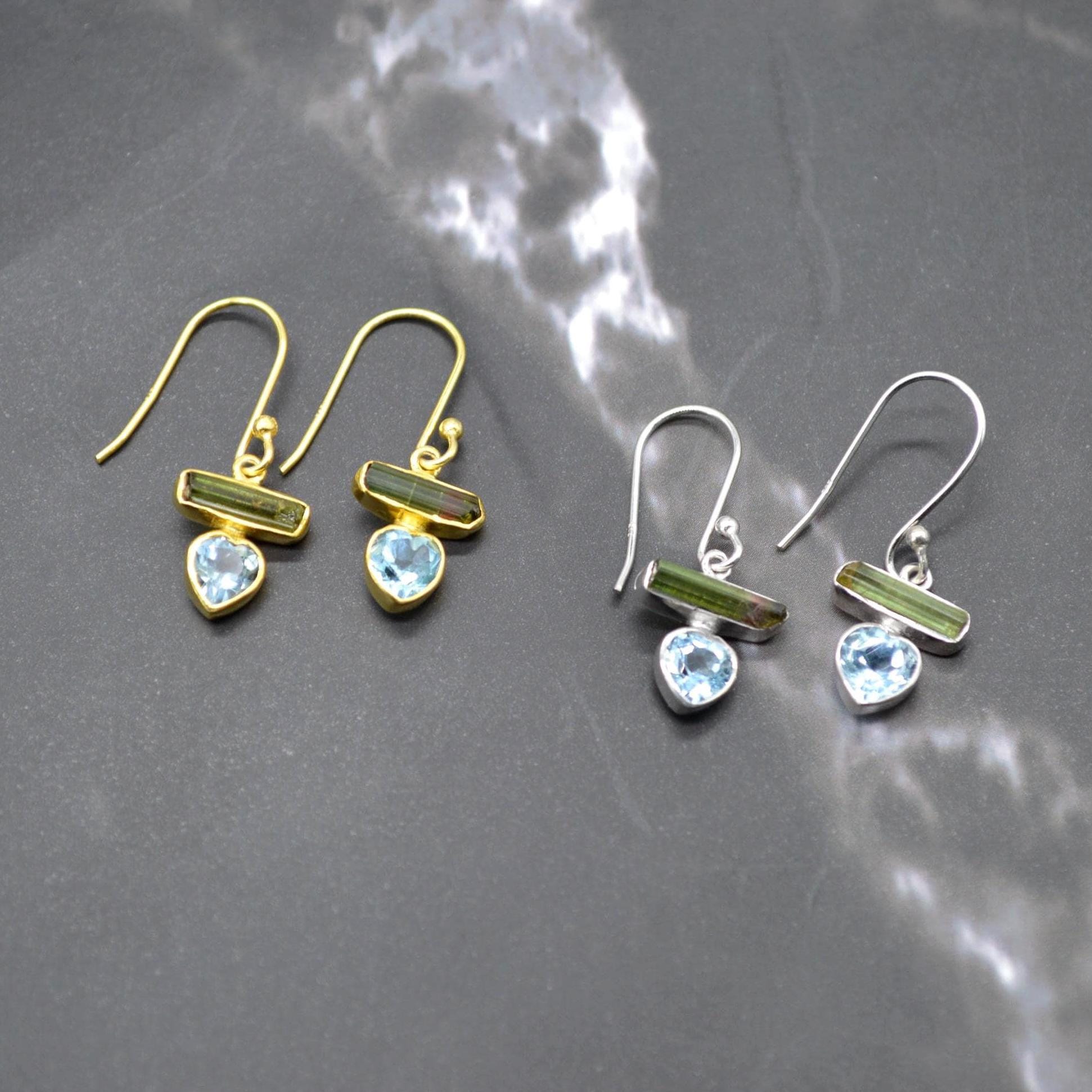 Green Tourmaline, Blue Topaz Earrings: Silver or Gold, Dangle Drop, October December Birthstone