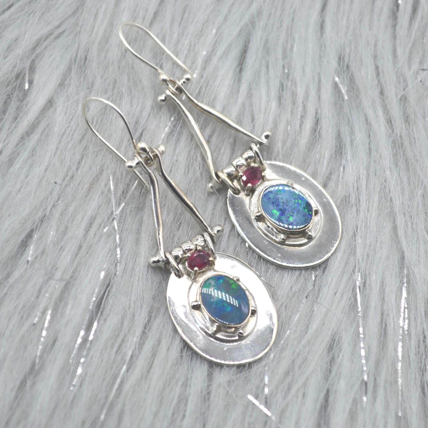 Red Ruby, Blue Opal Earrings: Silver, Oval Gemstone, Dangle Drop, July October Birthstone