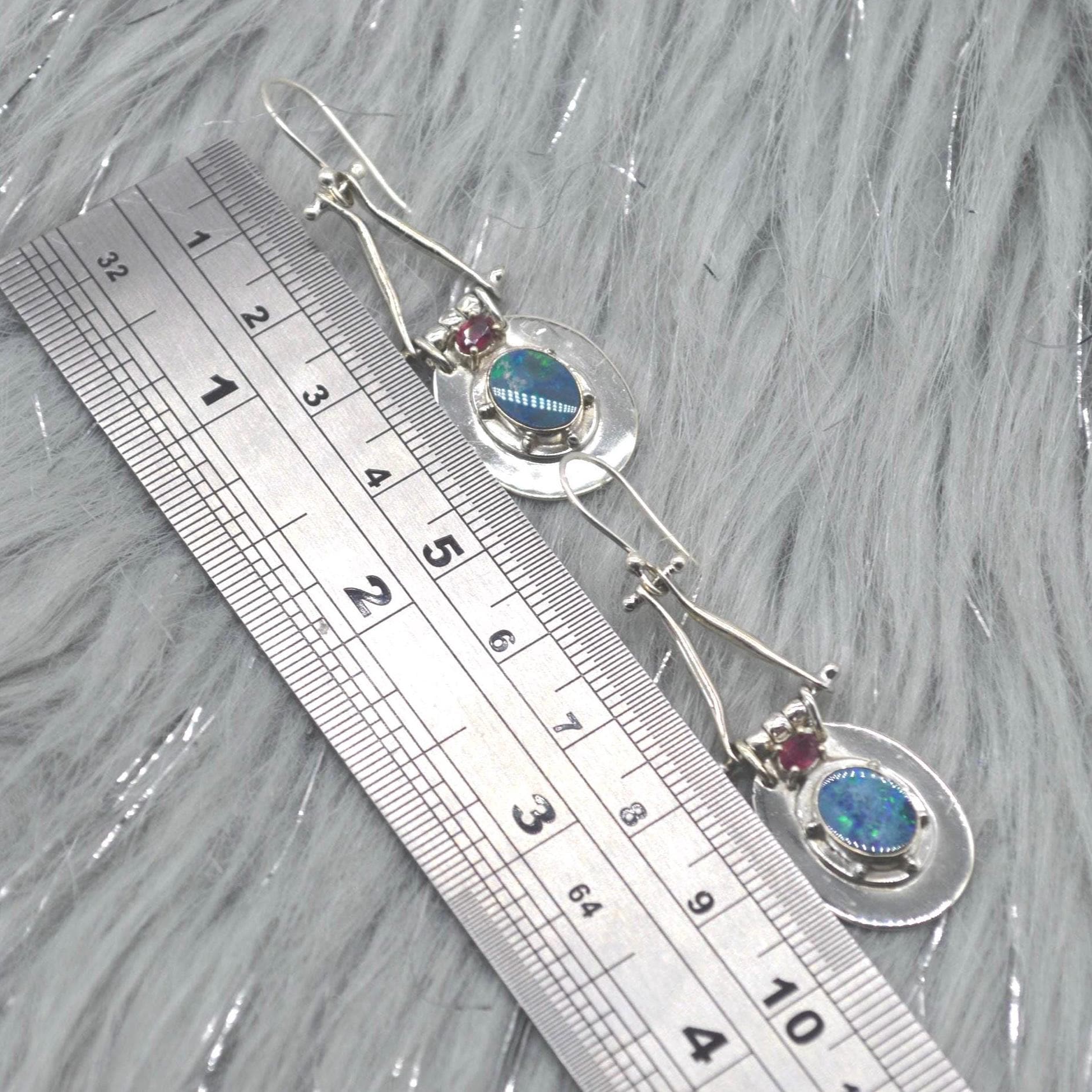 Red Ruby, Blue Opal Earrings: Silver, Oval Gemstone, Dangle Drop, July October Birthstone