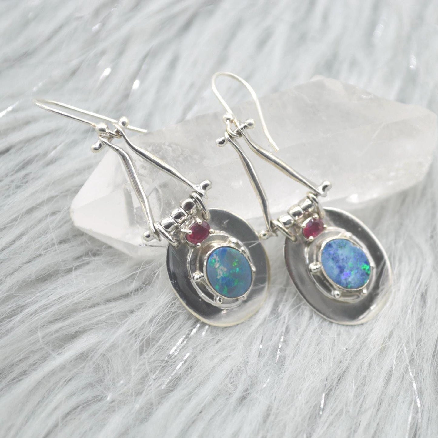 Red Ruby, Blue Opal Earrings: Silver, Oval Gemstone, Dangle Drop, July October Birthstone