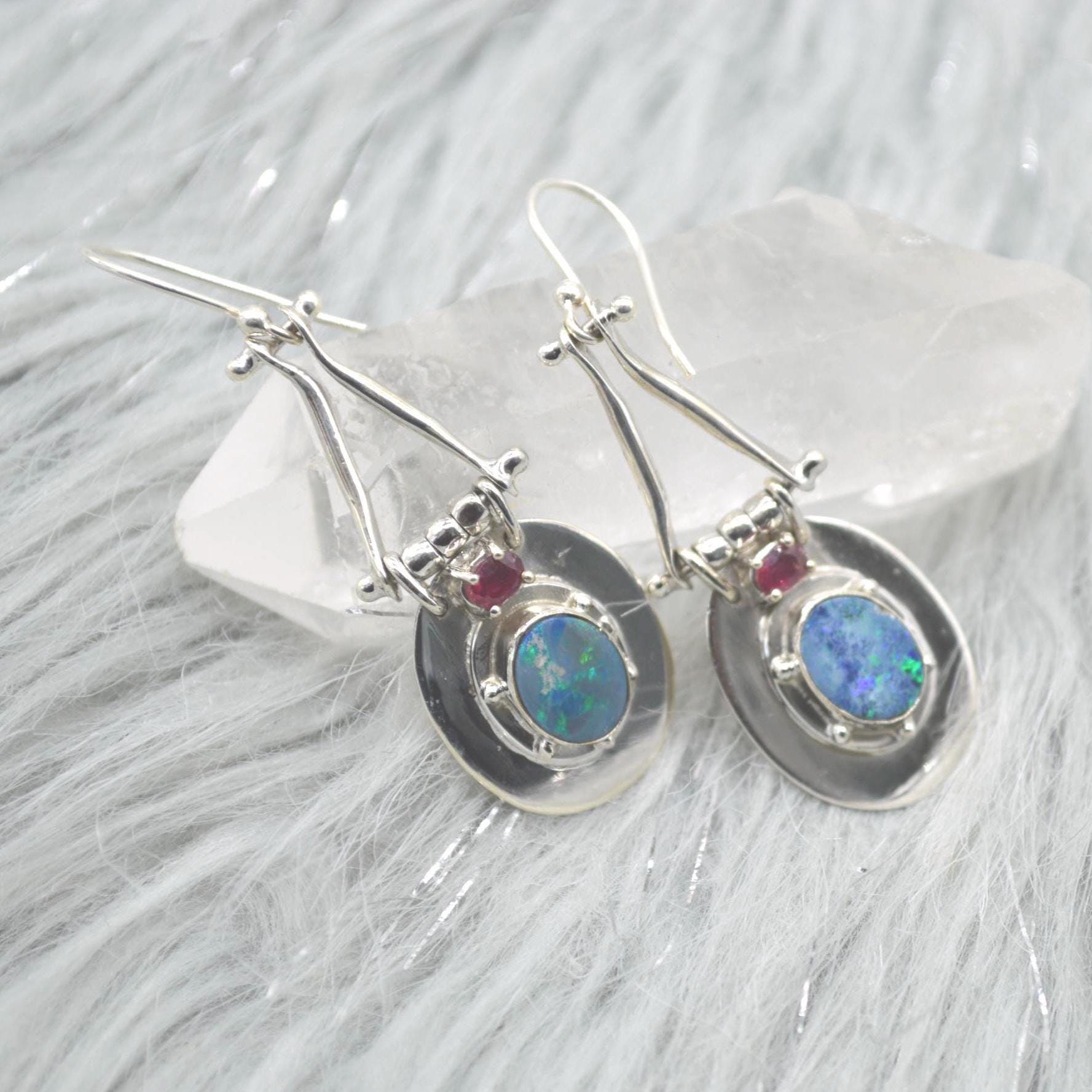 Red Ruby, Blue Opal Earrings: Silver, Oval Gemstone, Dangle Drop, July October Birthstone