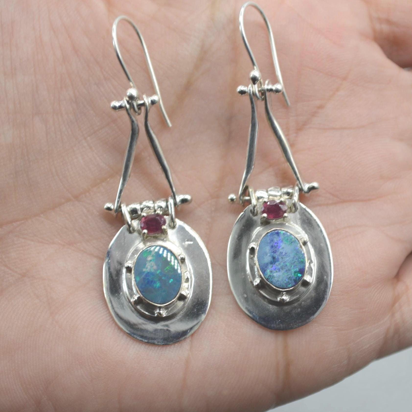 Red Ruby, Blue Opal Earrings: Silver, Oval Gemstone, Dangle Drop, July October Birthstone