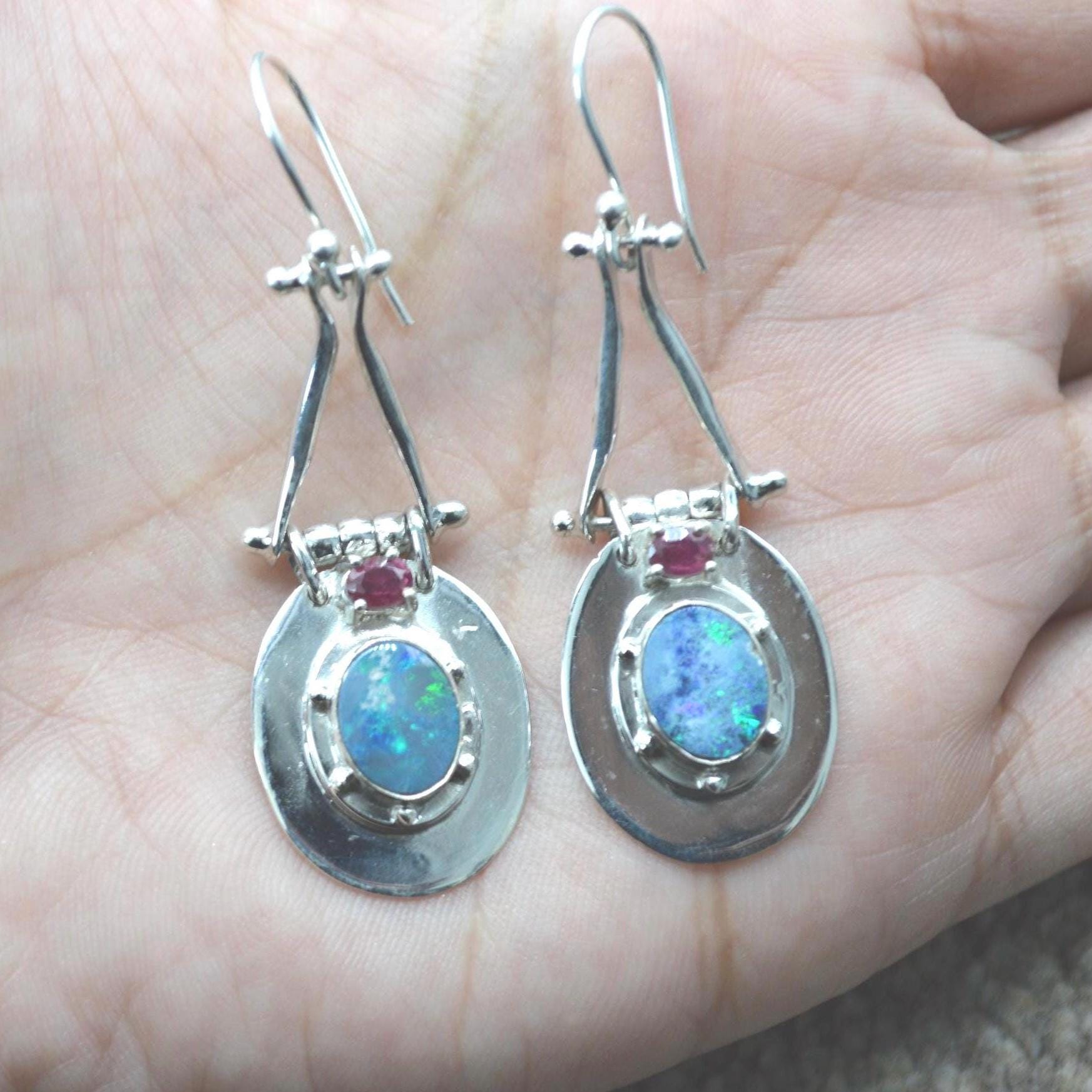 Red Ruby, Blue Opal Earrings: Silver, Oval Gemstone, Dangle Drop, July October Birthstone
