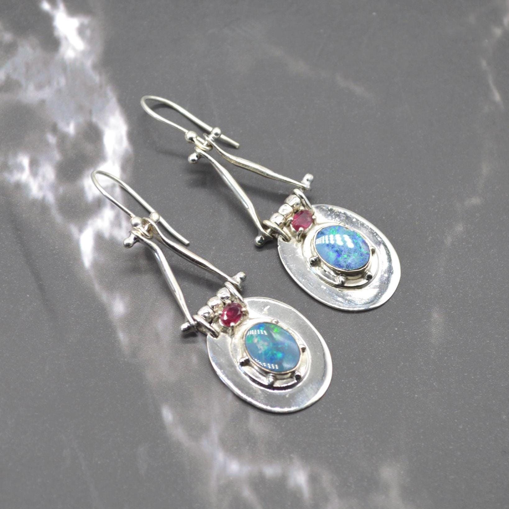 Red Ruby, Blue Opal Earrings: Silver, Oval Gemstone, Dangle Drop, July October Birthstone