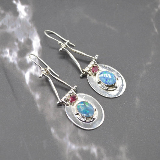 Red Ruby, Blue Opal Earrings: Silver, Oval Gemstone, Dangle Drop, July October Birthstone