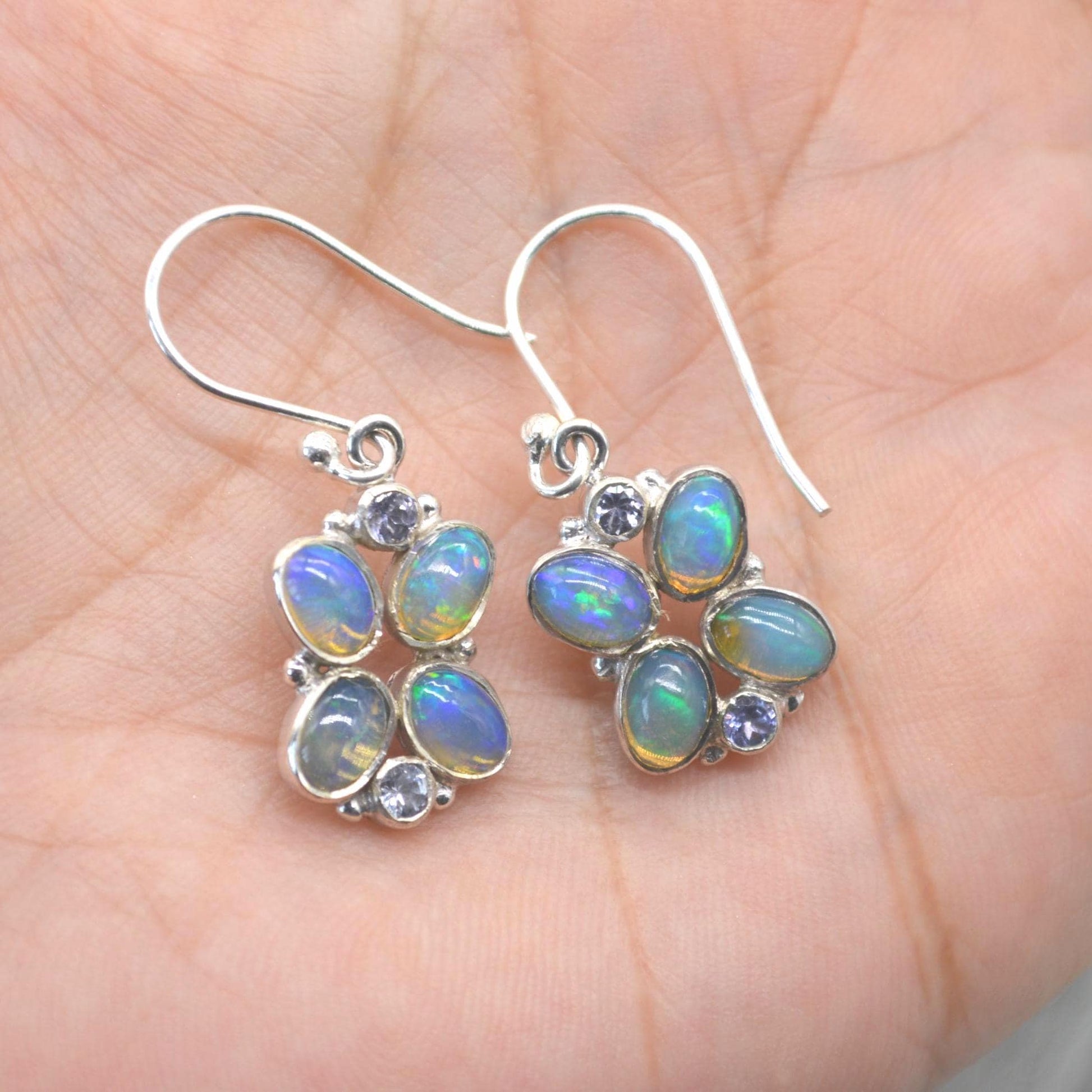 Floral Blue Opal Earrings: Silver, Cubic Zirconia, Dangle Drop, October Birthstone