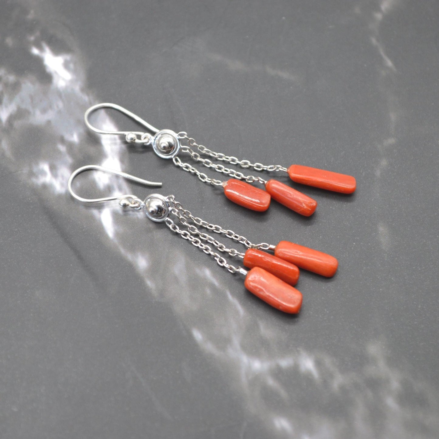Red Coral Earrings: Sterling Silver, Dainty Dangle Drop, Red Gemstone Jewelry