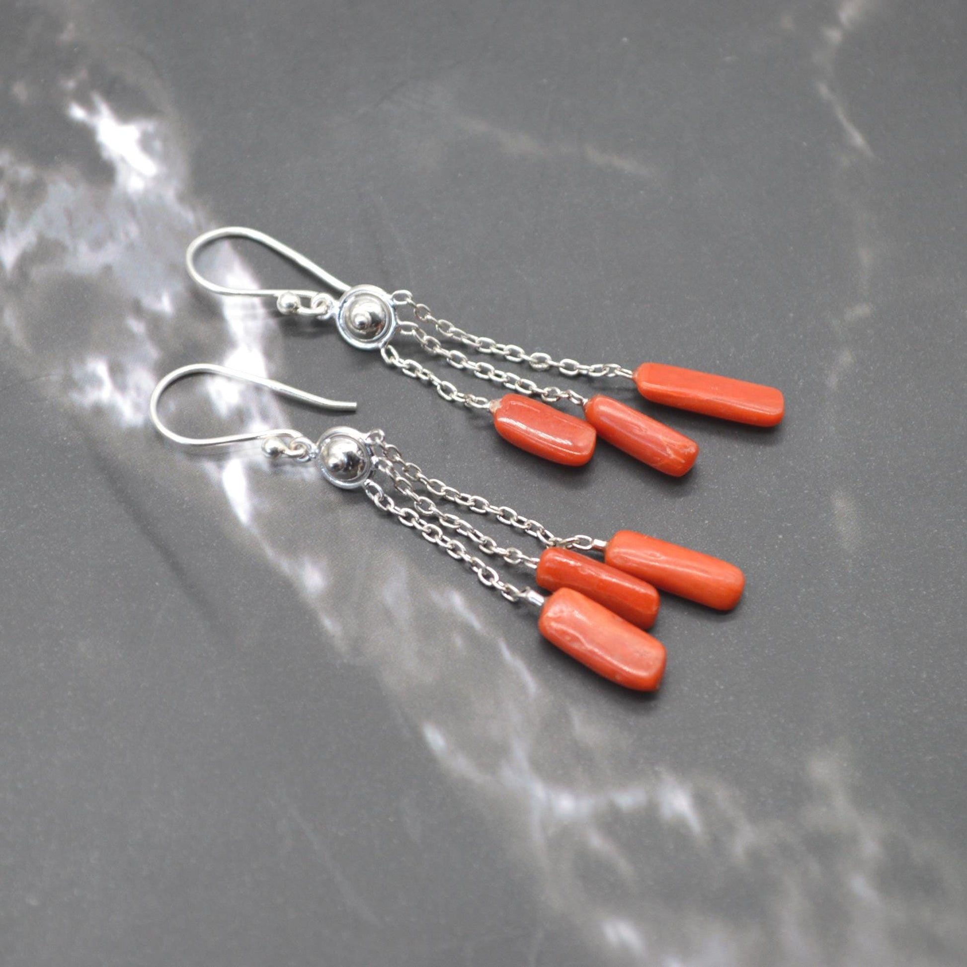 Red Coral Earrings: Sterling Silver, Dainty Dangle Drop, Red Gemstone Jewelry