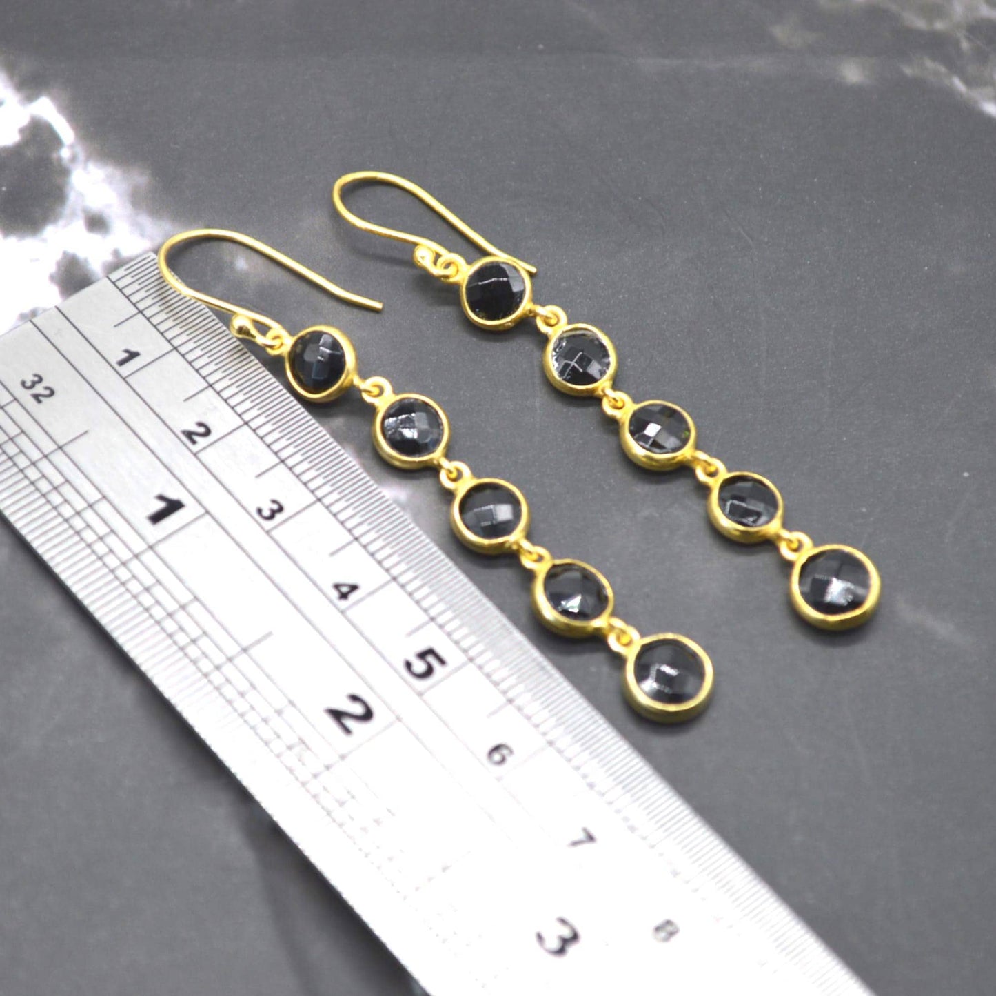 Black Tourmaline Earrings: Gold Plated Sterling Silver, Long Dangle Drop, October Birthstone