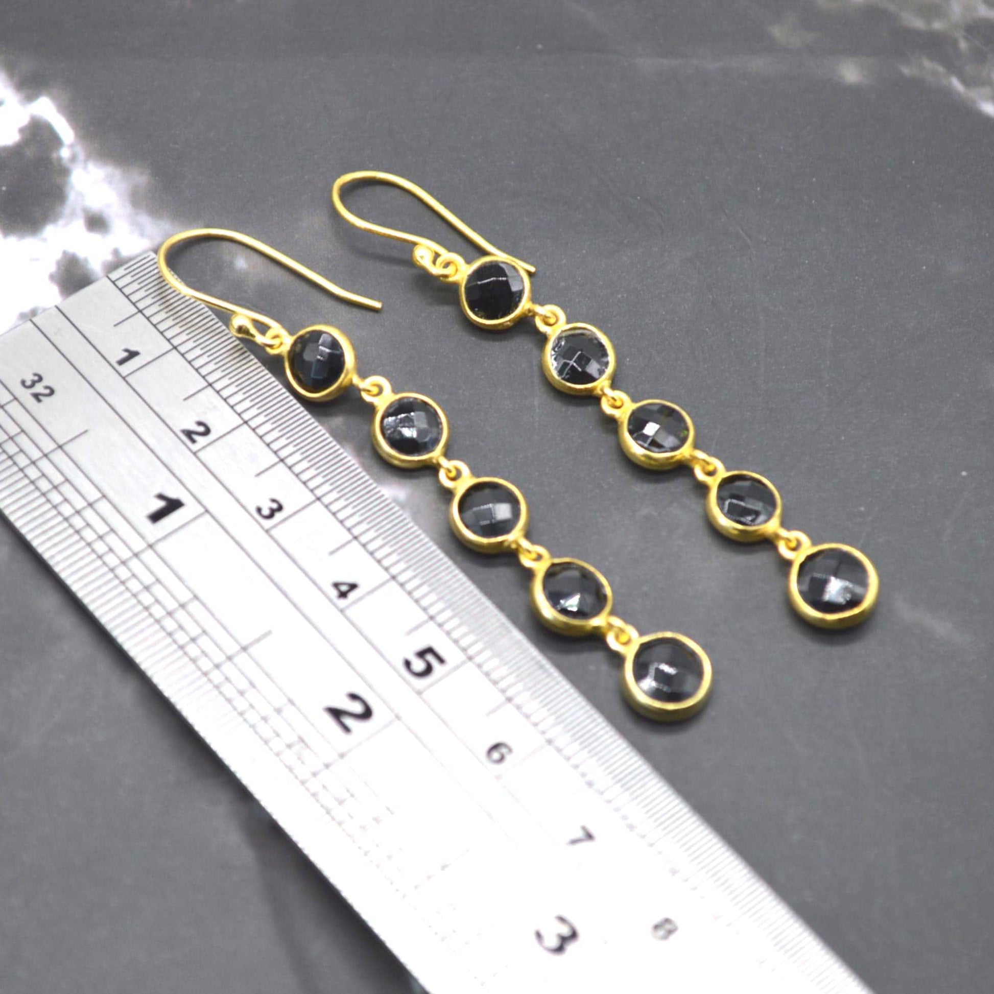 Black Tourmaline Earrings: Gold Plated Sterling Silver, Long Dangle Drop, October Birthstone