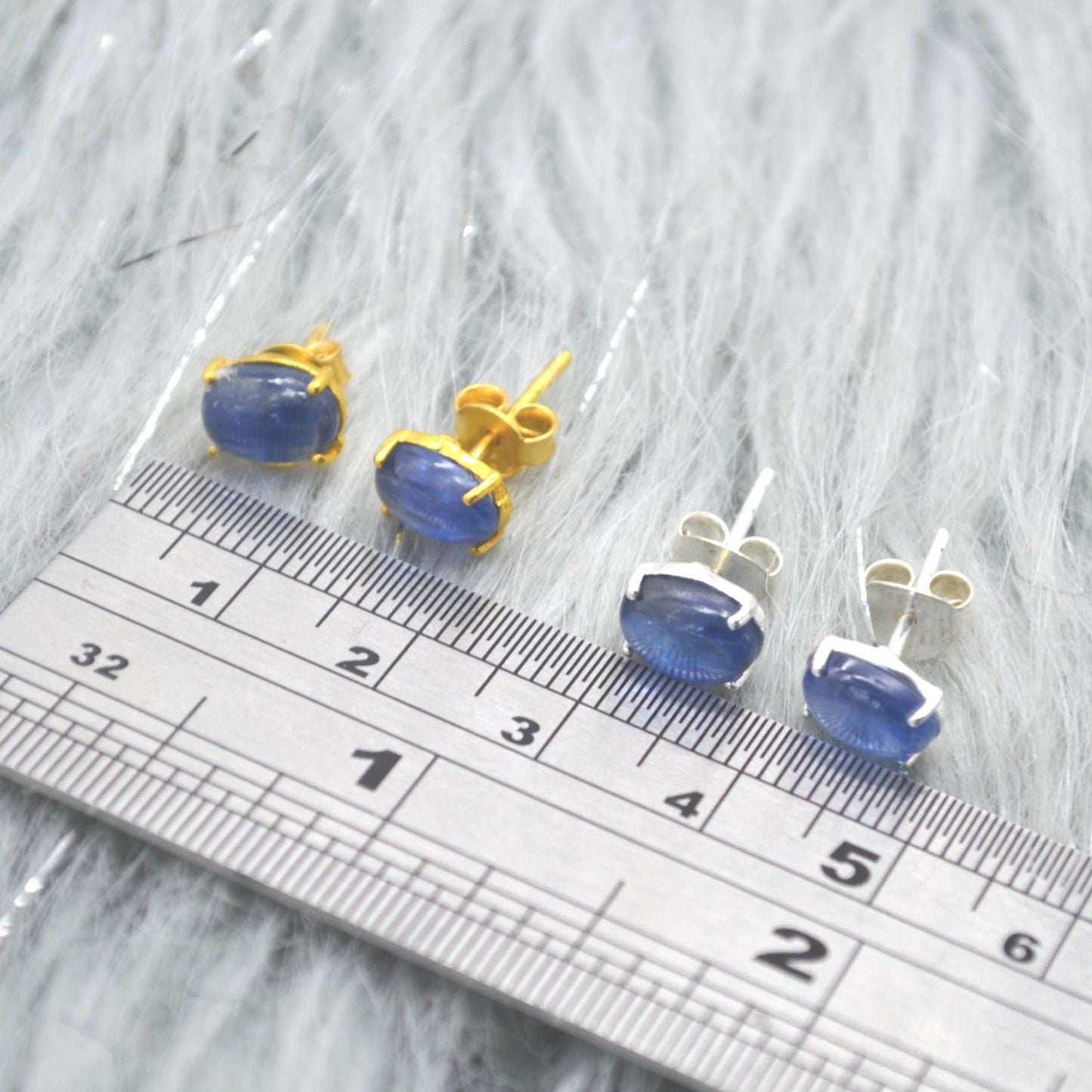 Kyanite Stud Earrings: Sterling Silver or Gold, Minimalist Oval Blue Gemstone Stud