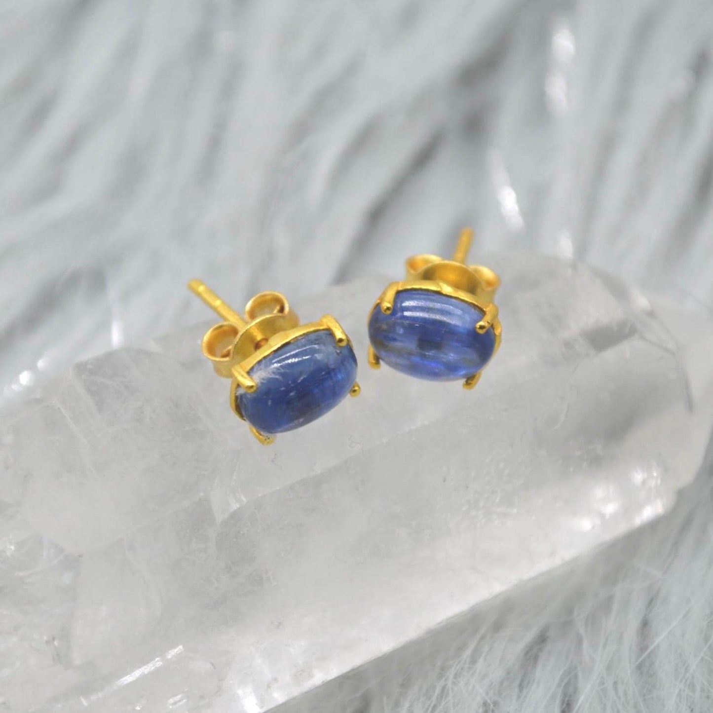 Kyanite Stud Earrings: Sterling Silver or Gold, Minimalist Oval Blue Gemstone Stud