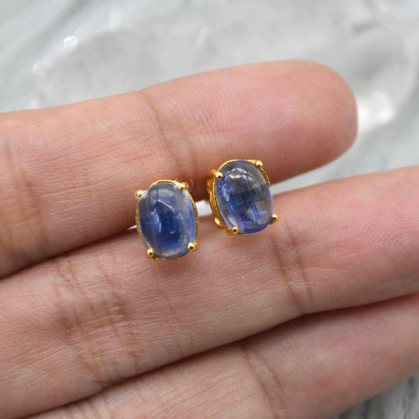 Kyanite Stud Earrings: Sterling Silver or Gold, Minimalist Oval Blue Gemstone Stud
