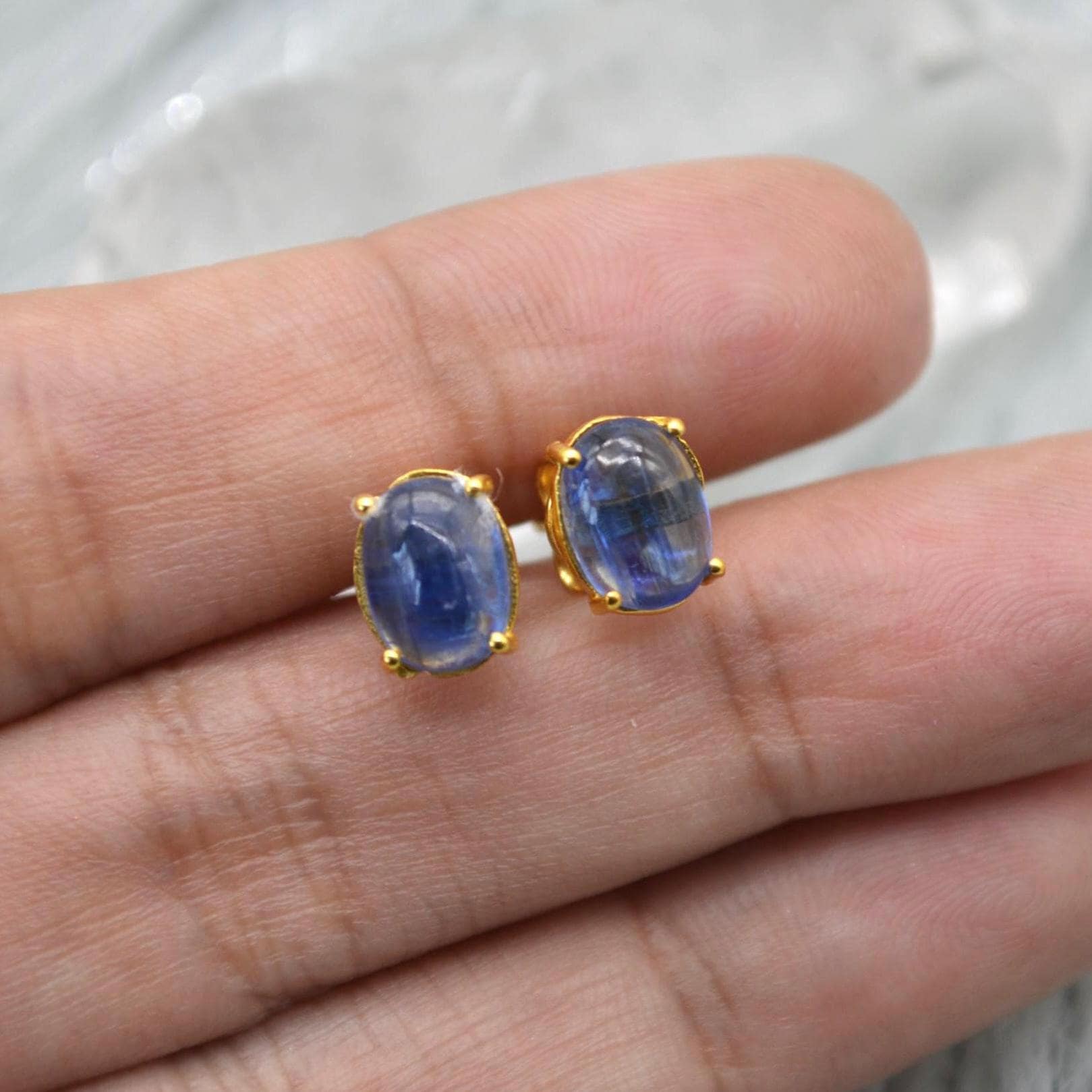 Kyanite Stud Earrings: Sterling Silver or Gold, Minimalist Oval Blue Gemstone Stud