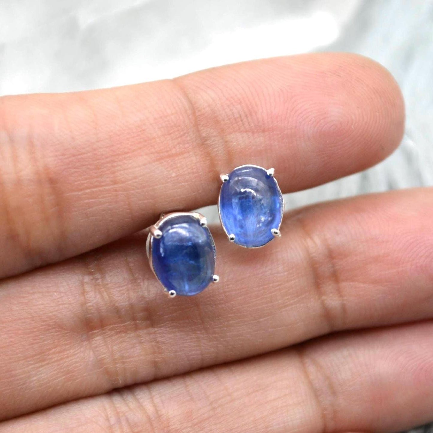 Kyanite Stud Earrings: Sterling Silver or Gold, Minimalist Oval Blue Gemstone Stud