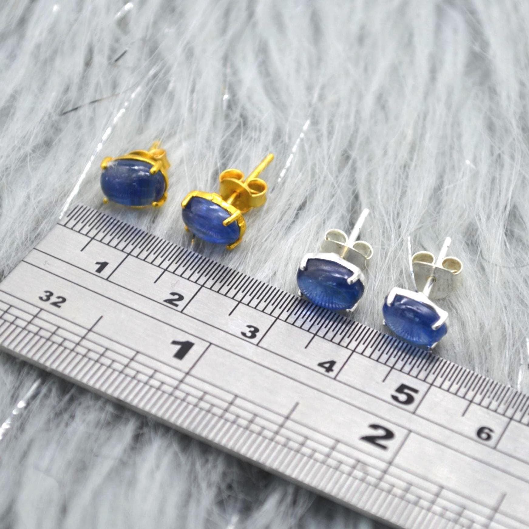 Kyanite Stud Earrings: Sterling Silver or Gold, Minimalist Oval Blue Gemstone Stud
