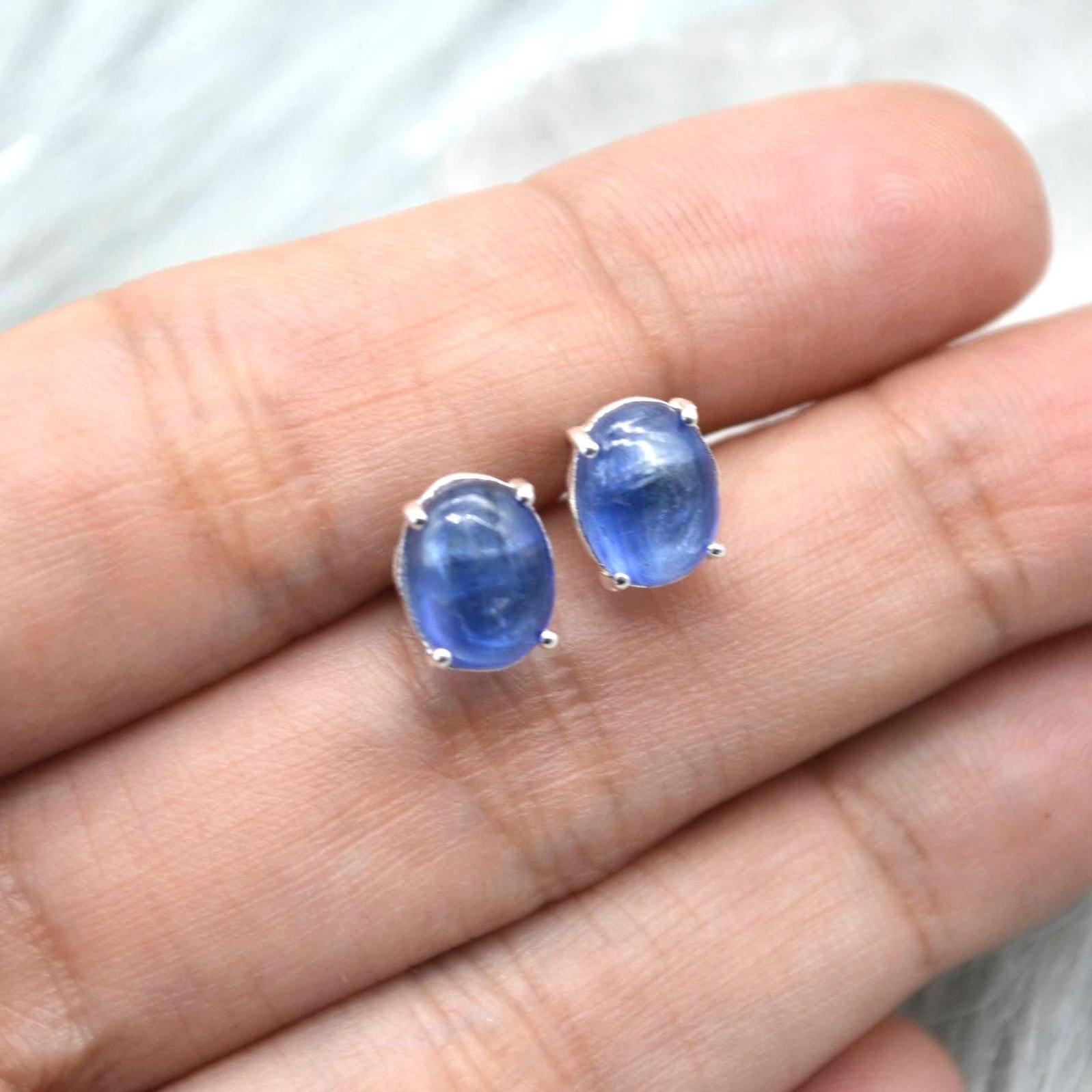 Kyanite Stud Earrings: Sterling Silver or Gold, Minimalist Oval Blue Gemstone Stud