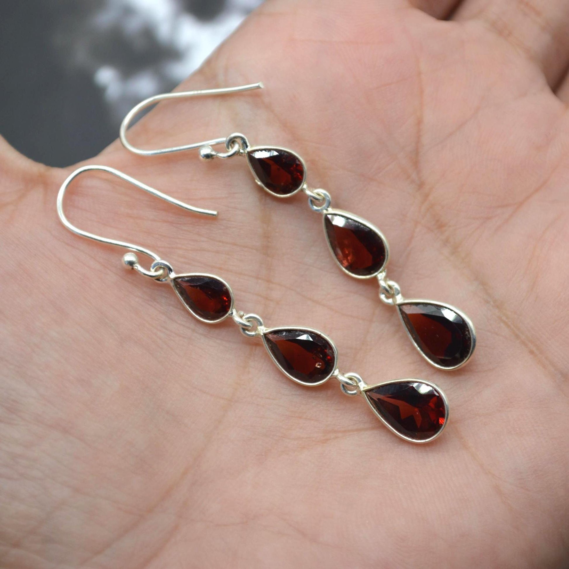 Red Garnet Teardrop Earrings: Silver, January Birthstone, Dangle Drop