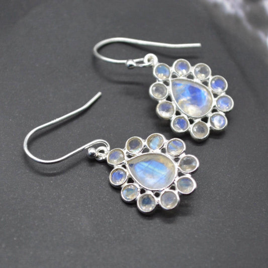 Floral Rainbow Moonstone Earrings: Silver or Gold, White Gemstone, Dangle Drop Jewelry
