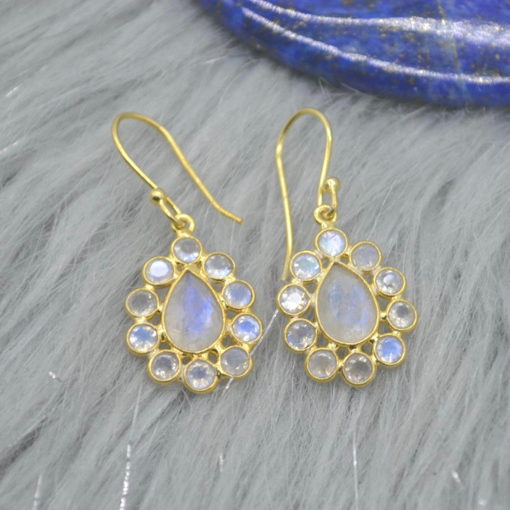 Floral Rainbow Moonstone Earrings: Silver or Gold, White Gemstone, Dangle Drop Jewelry