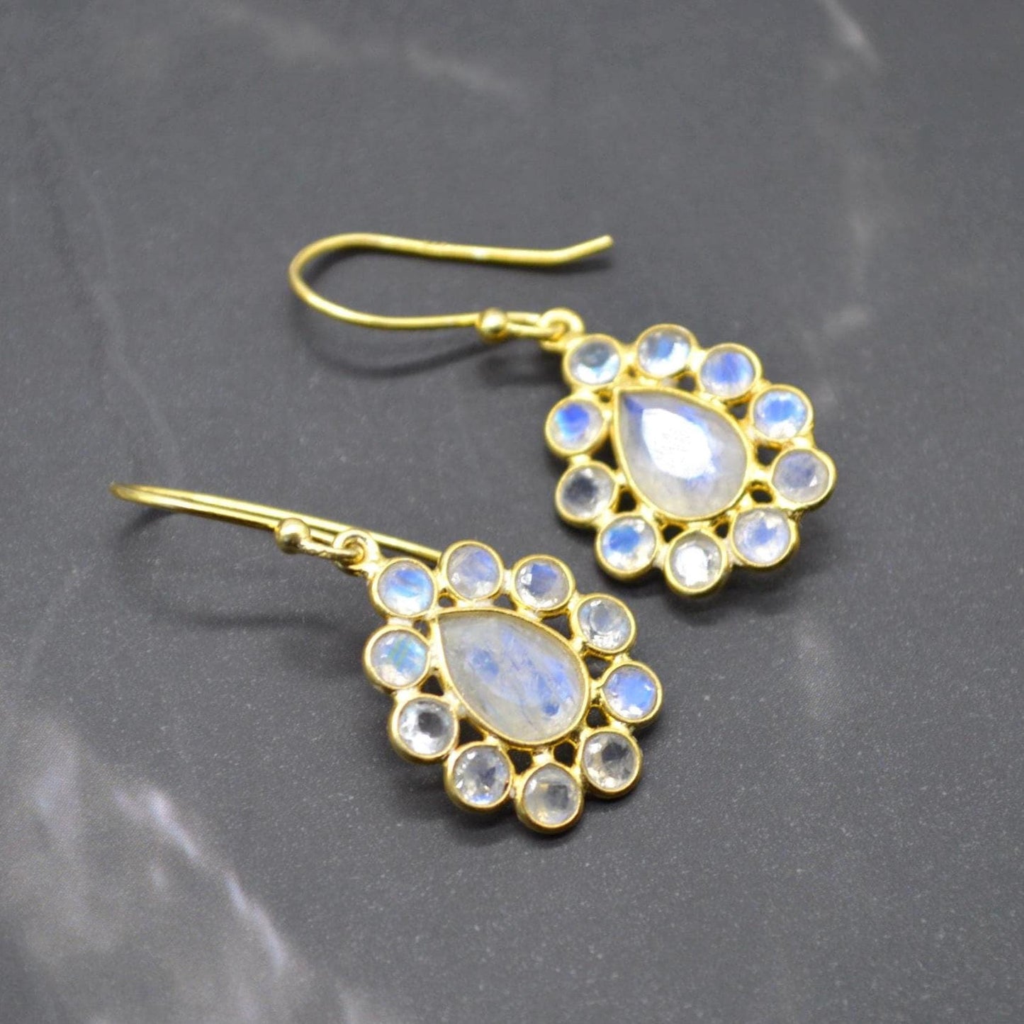 Floral Rainbow Moonstone Earrings: Silver or Gold, White Gemstone, Dangle Drop Jewelry