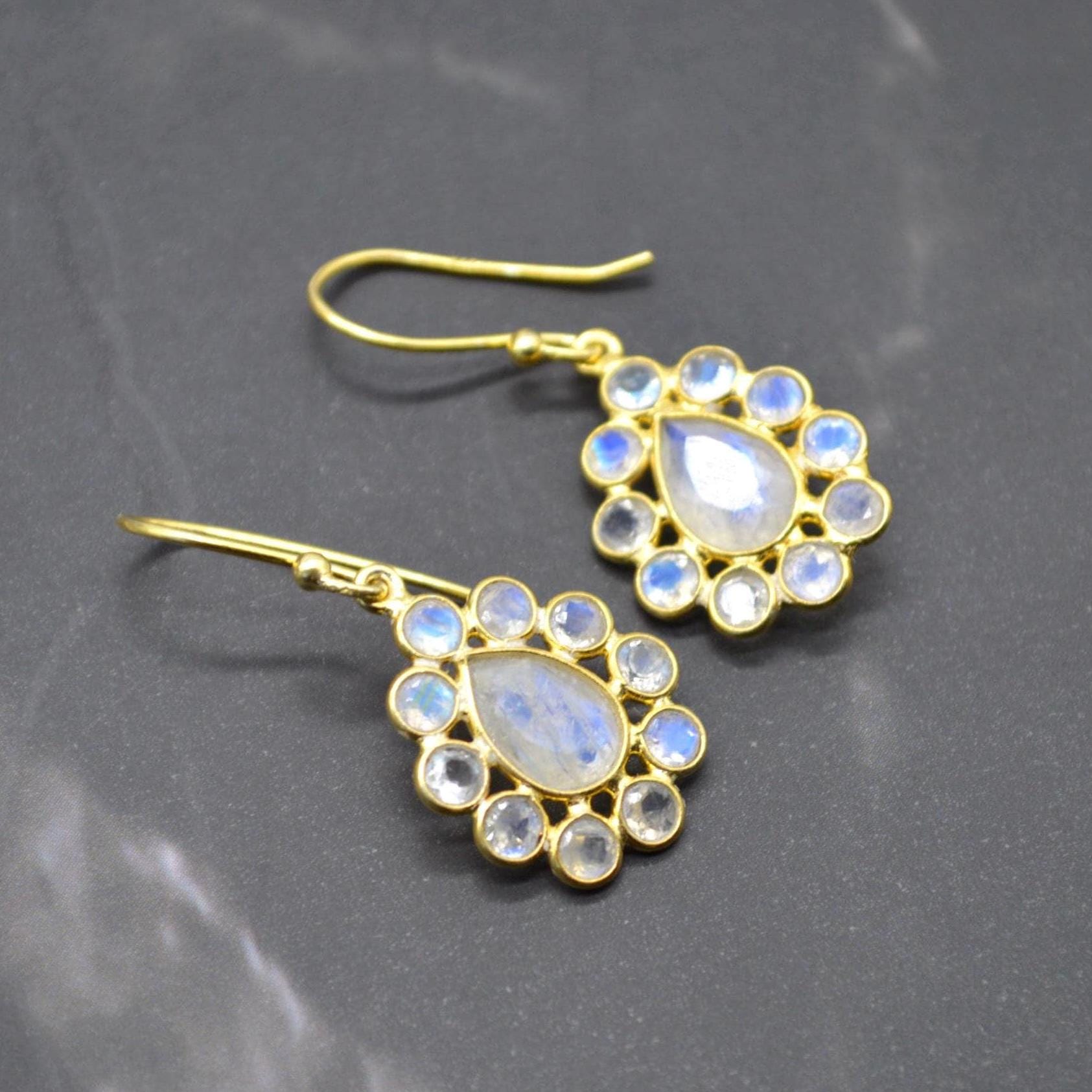 Floral Rainbow Moonstone Earrings: Silver or Gold, White Gemstone, Dangle Drop Jewelry