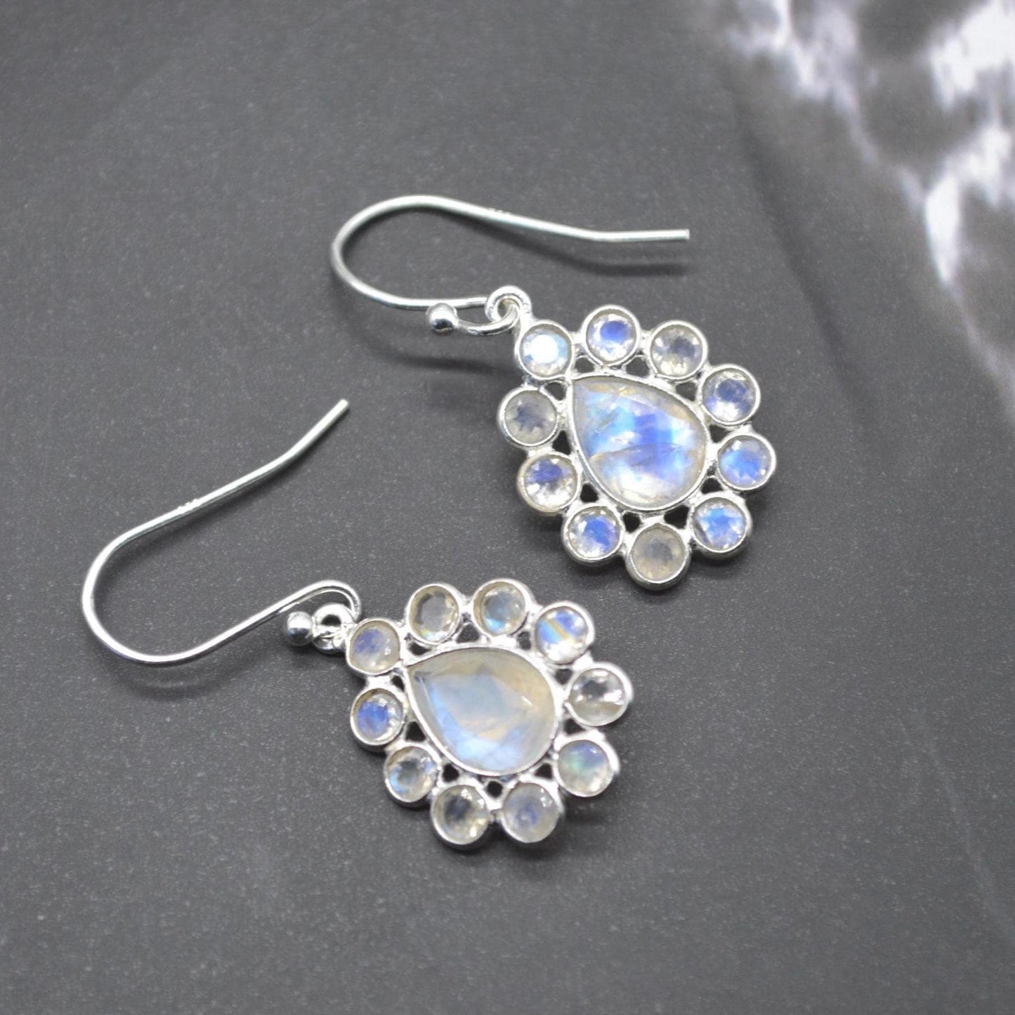 Floral Rainbow Moonstone Earrings: Silver or Gold, White Gemstone, Dangle Drop Jewelry