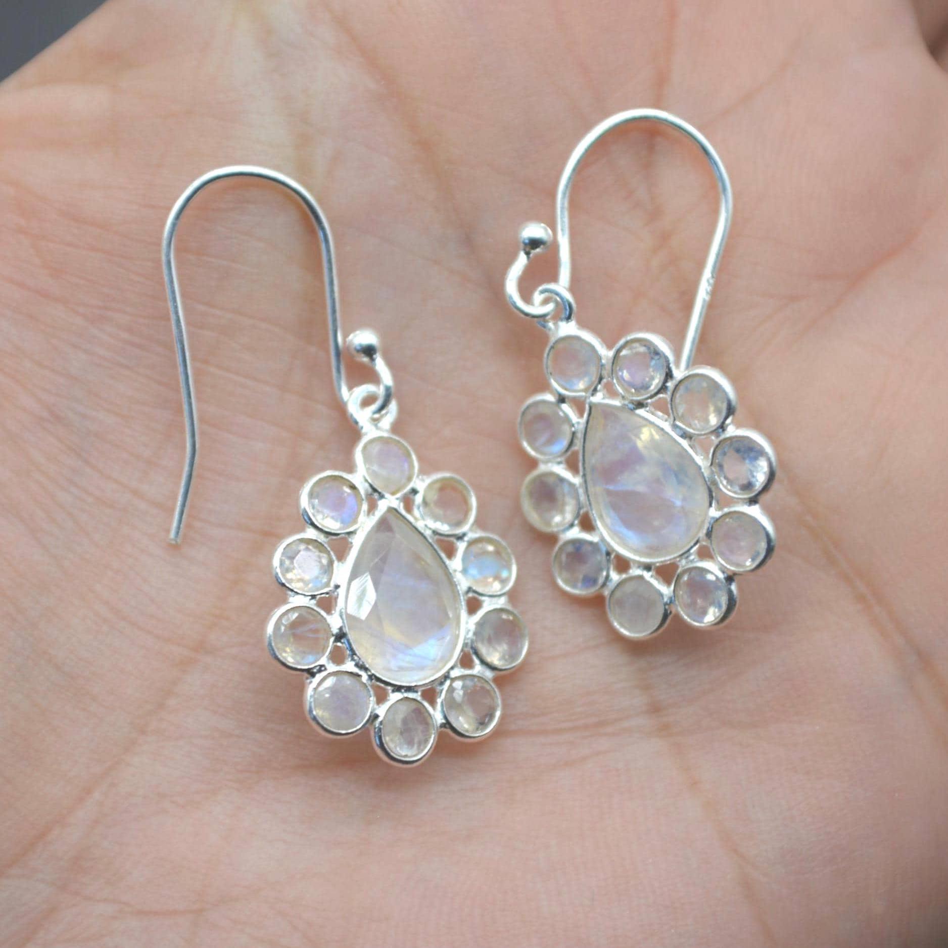 Floral Rainbow Moonstone Earrings: Silver or Gold, White Gemstone, Dangle Drop Jewelry
