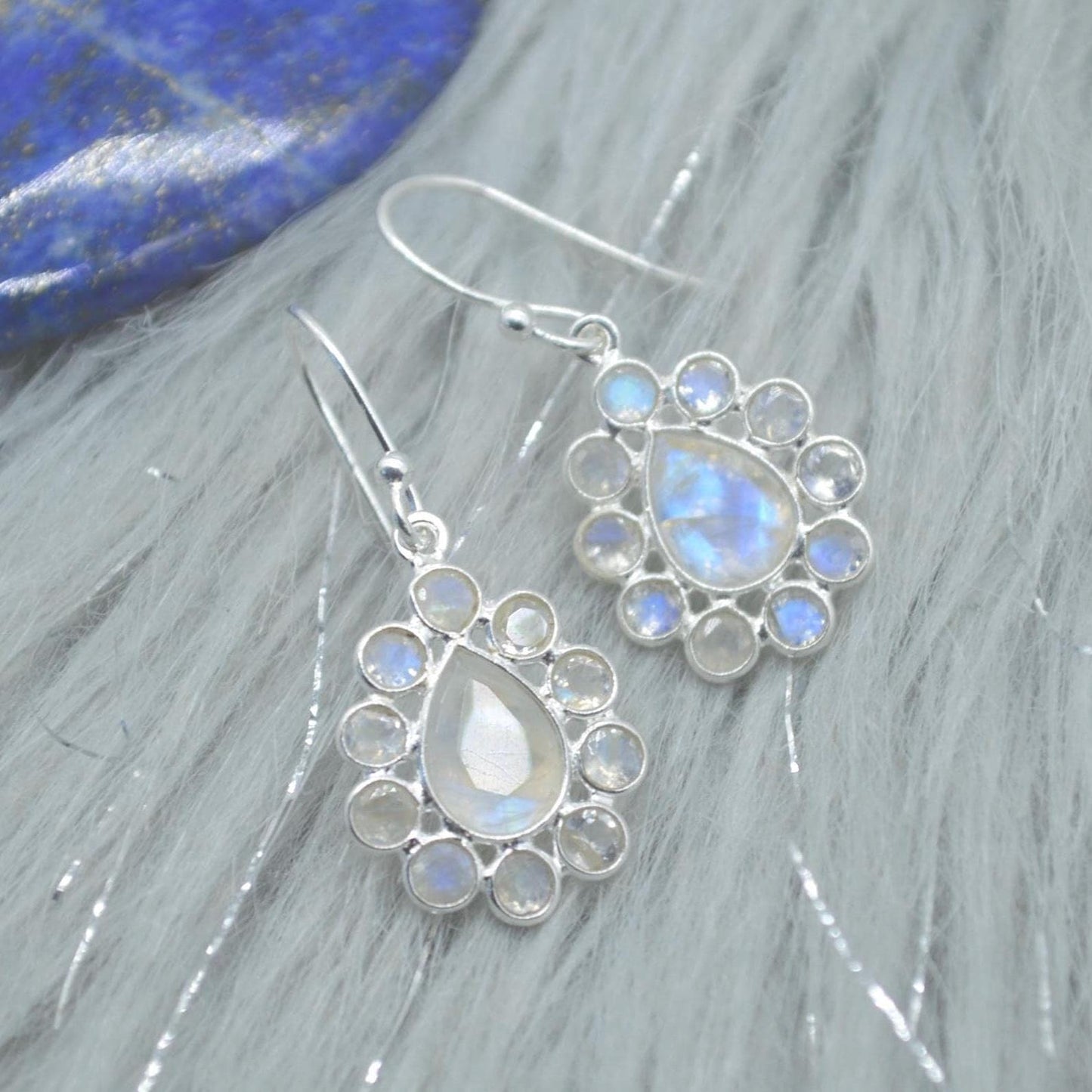 Floral Rainbow Moonstone Earrings: Silver or Gold, White Gemstone, Dangle Drop Jewelry