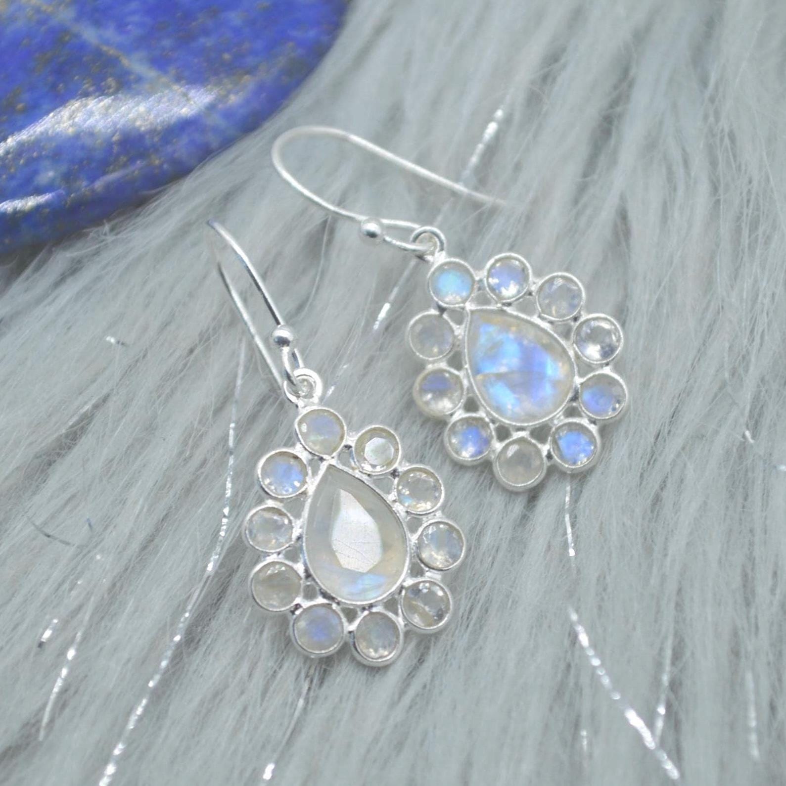Floral Rainbow Moonstone Earrings: Silver or Gold, White Gemstone, Dangle Drop Jewelry
