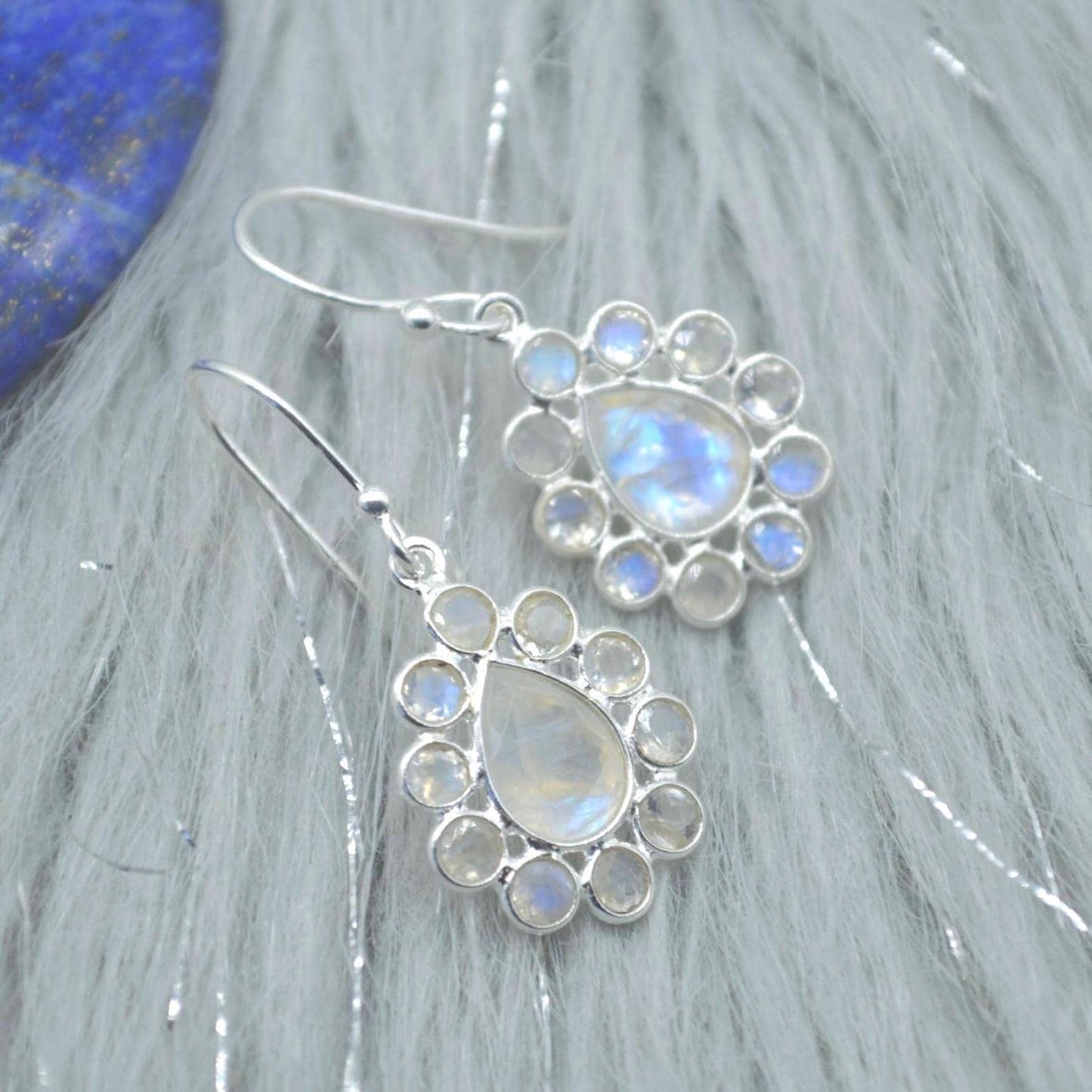 Floral Rainbow Moonstone Earrings: Silver or Gold, White Gemstone, Dangle Drop Jewelry