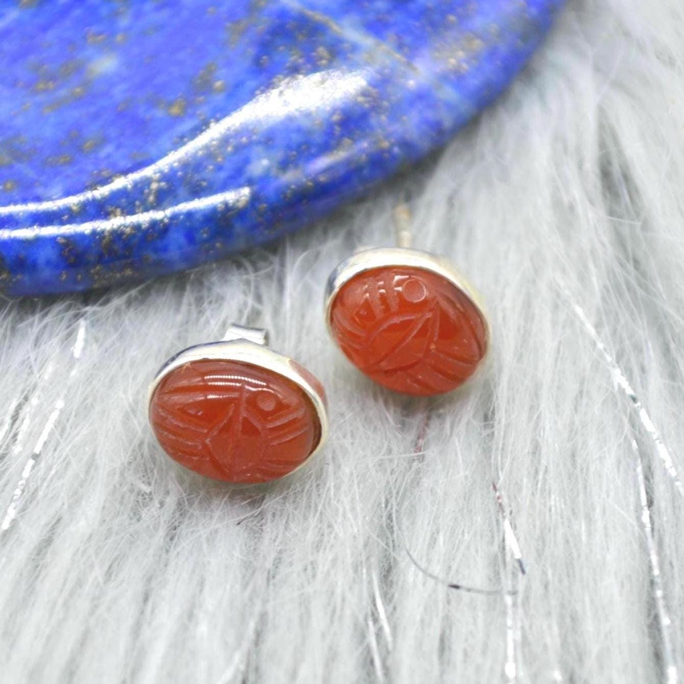 Carnelian Stud Earrings: Silver or Gold, Minimalist Oval Orange Gemstone Stud