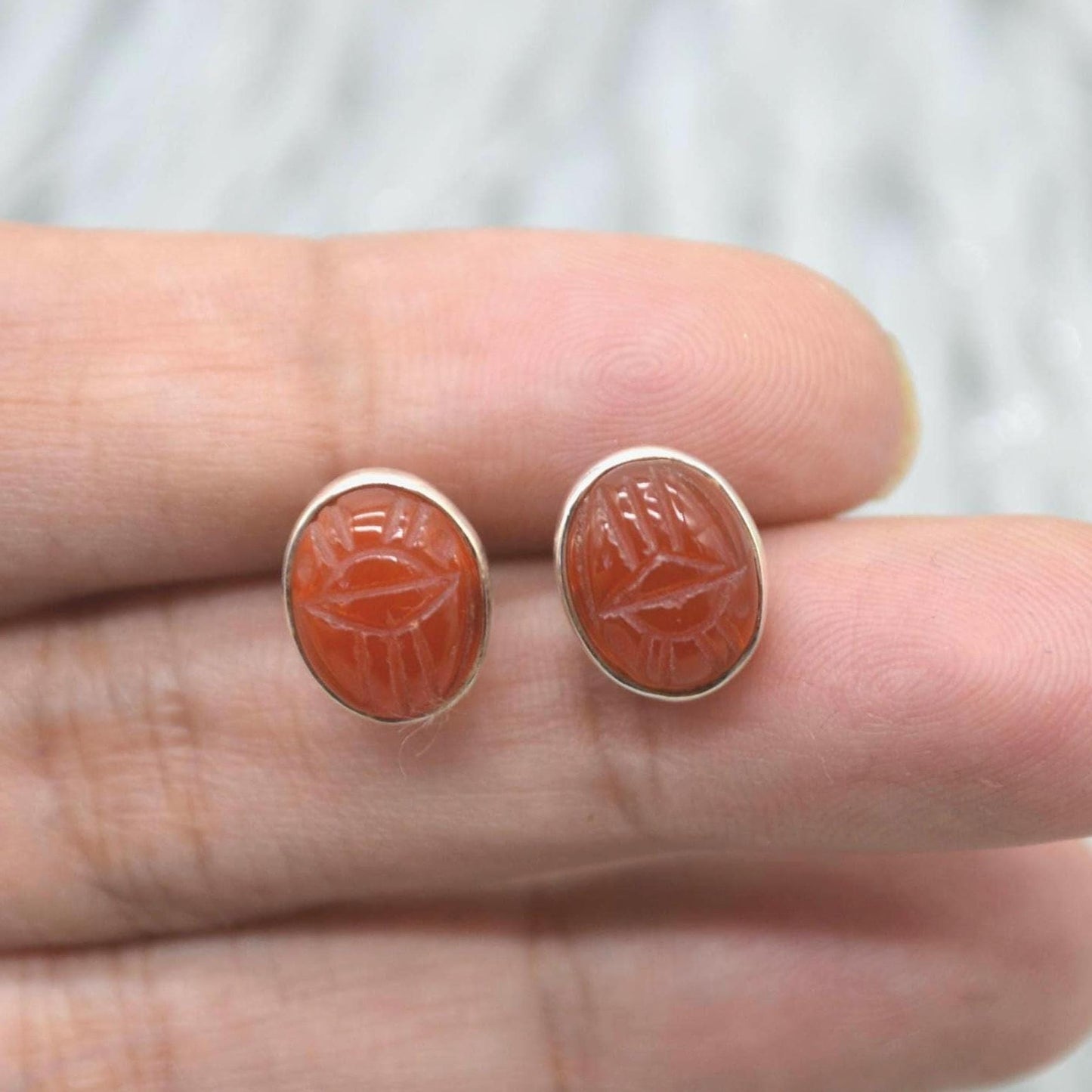 Carnelian Stud Earrings: Silver or Gold, Minimalist Oval Orange Gemstone Stud
