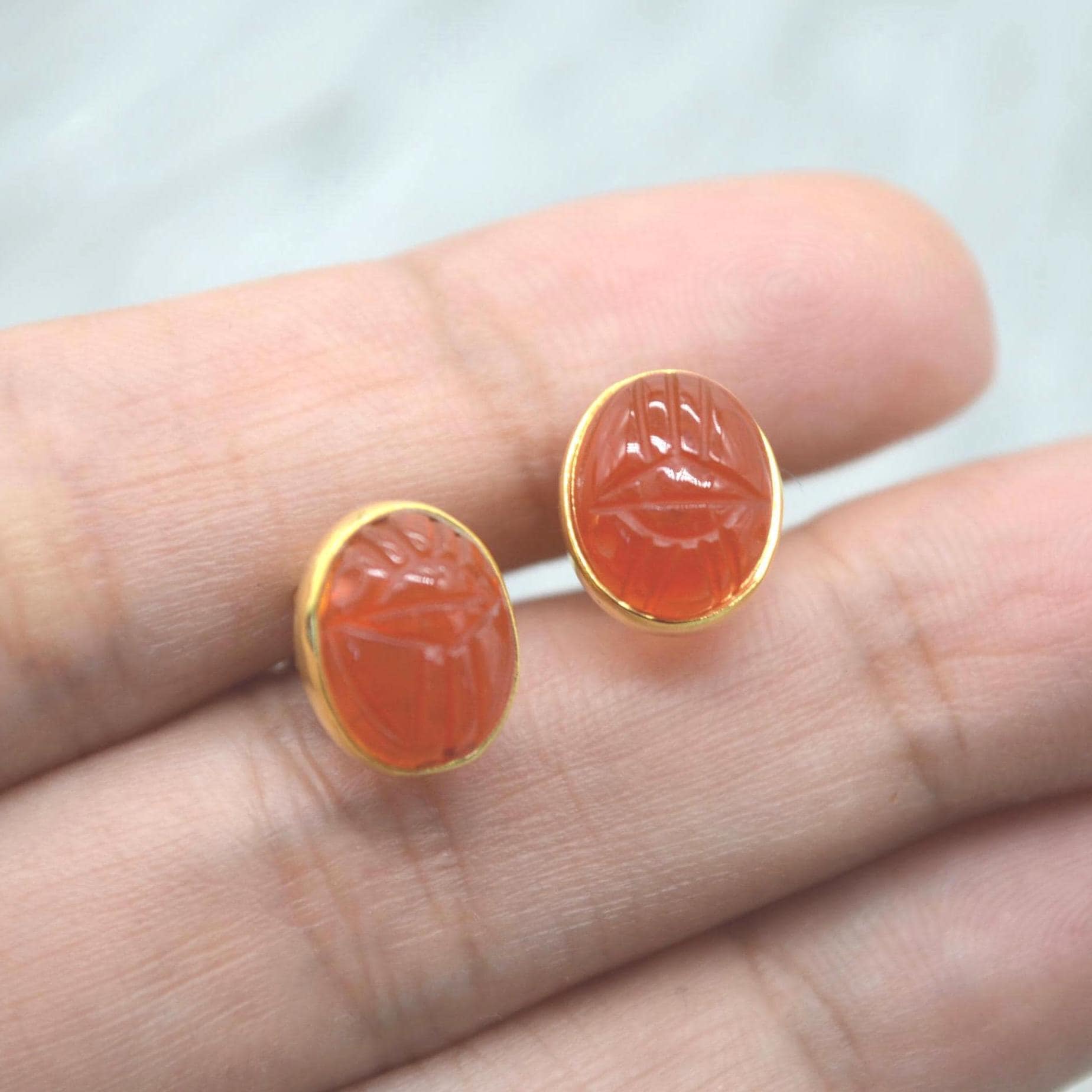 Carnelian Stud Earrings: Silver or Gold, Minimalist Oval Orange Gemstone Stud