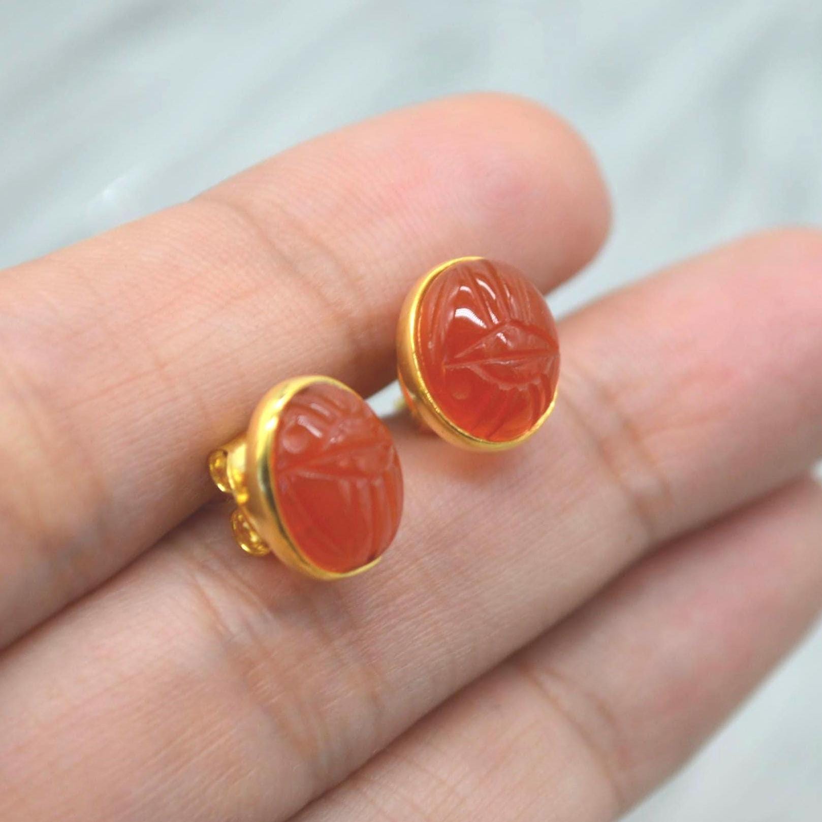 Carnelian Stud Earrings: Silver or Gold, Minimalist Oval Orange Gemstone Stud