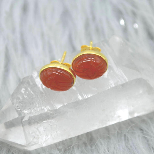 Carnelian Stud Earrings: Silver or Gold, Minimalist Oval Orange Gemstone Stud