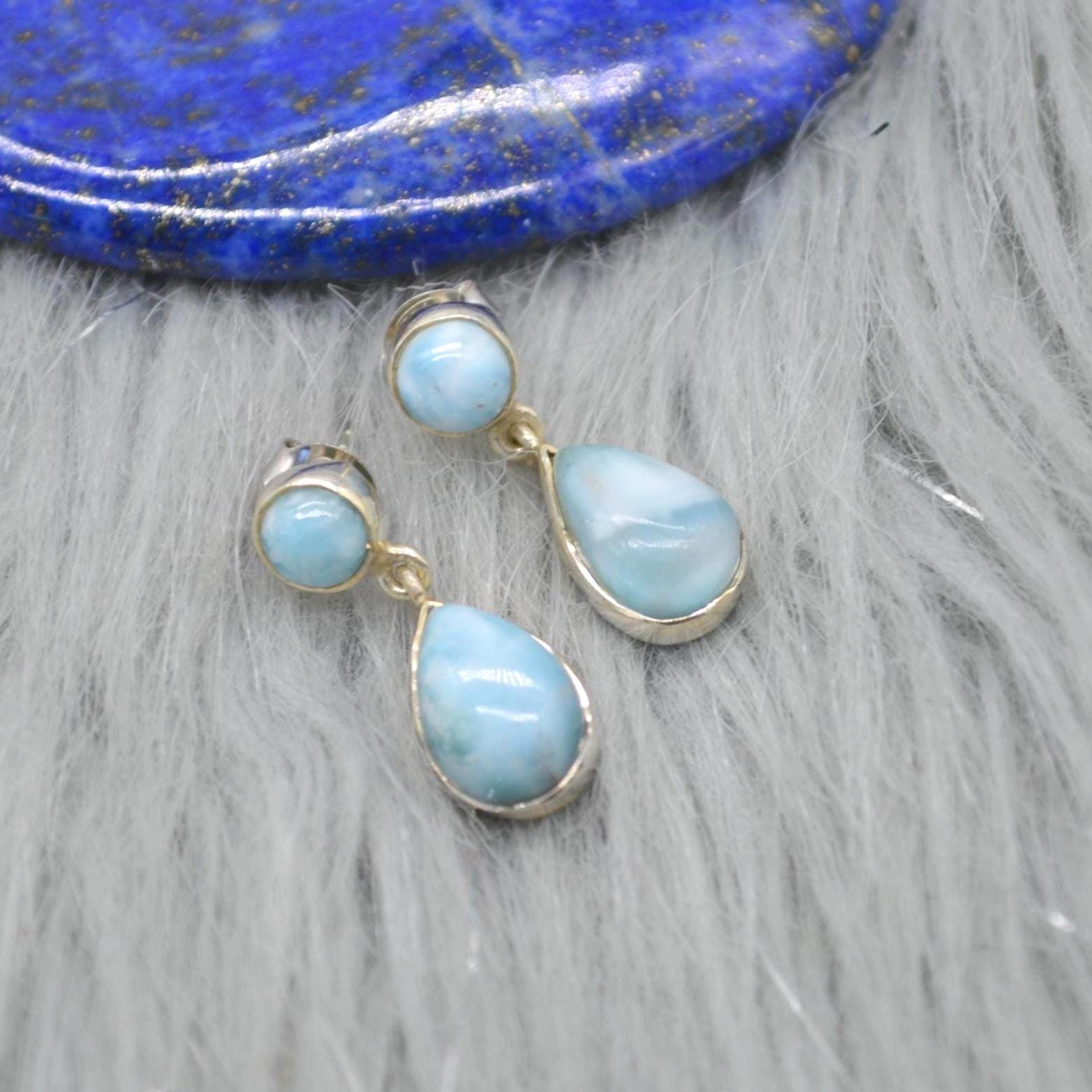 Larimar Earrings: Silver, Dangle Drop, Blue Gemstone Teardrop