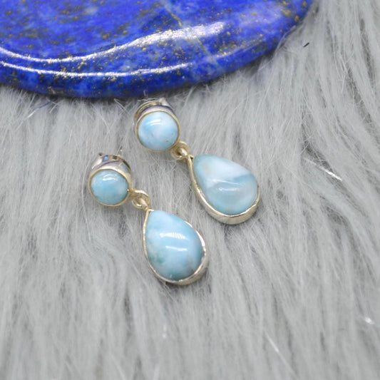 Larimar Earrings: Silver, Dangle Drop, Blue Gemstone Teardrop