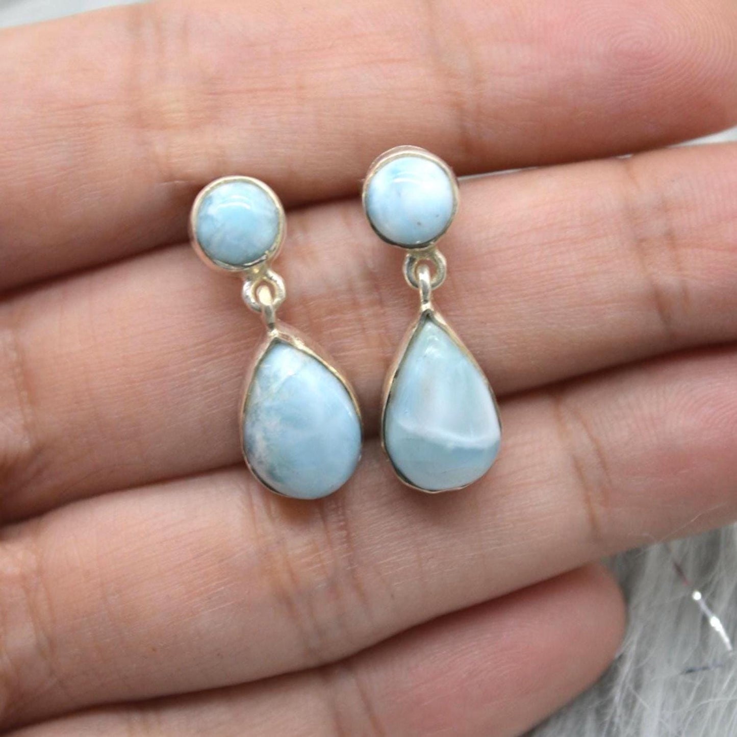 Larimar Earrings: Silver, Dangle Drop, Blue Gemstone Teardrop