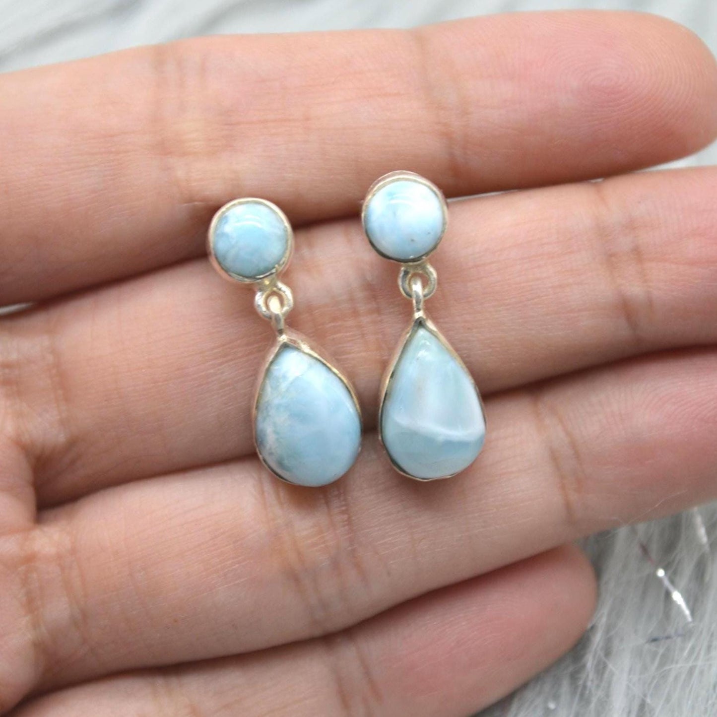 Larimar Earrings: Silver, Dangle Drop, Blue Gemstone Teardrop