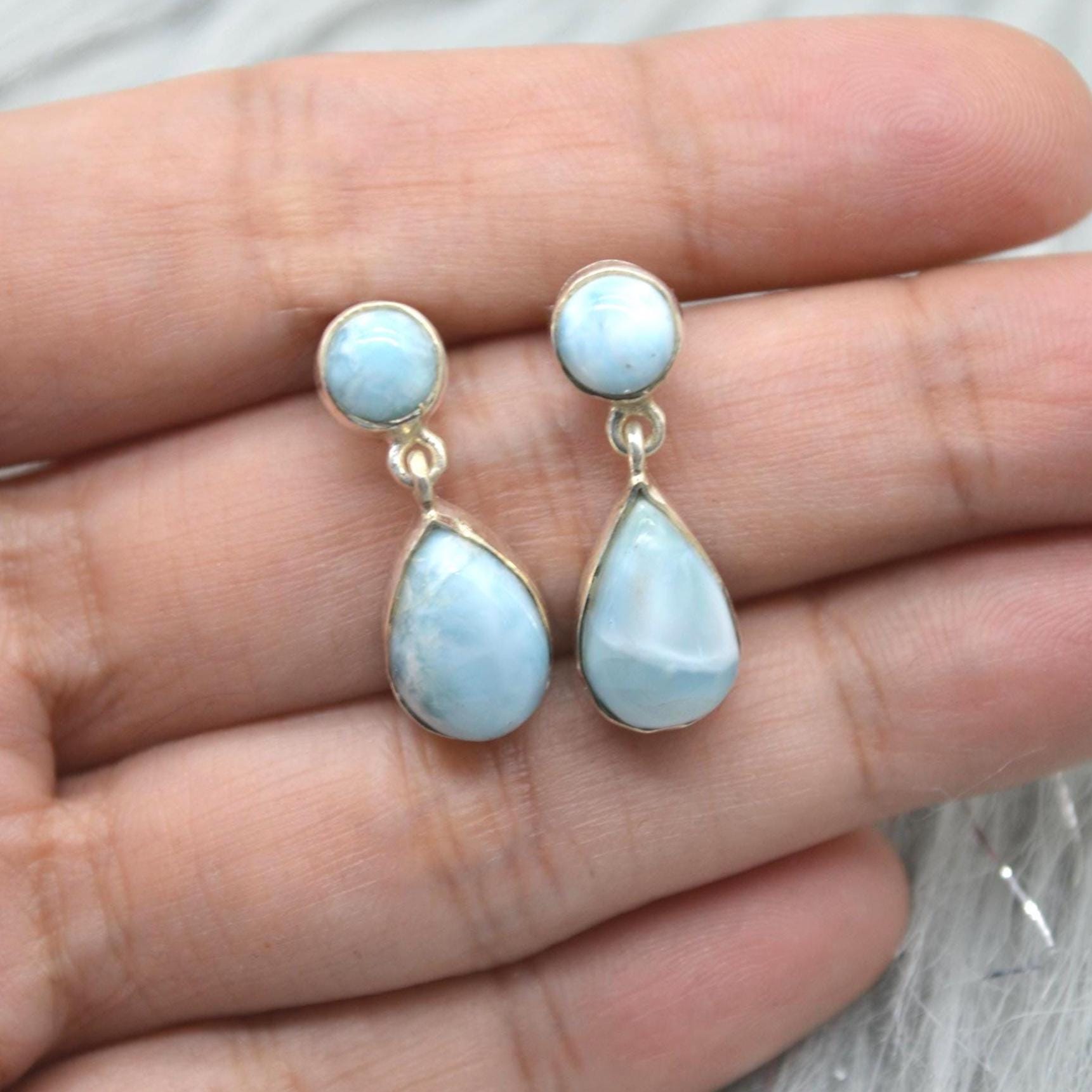 Larimar Earrings: Silver, Dangle Drop, Blue Gemstone Teardrop